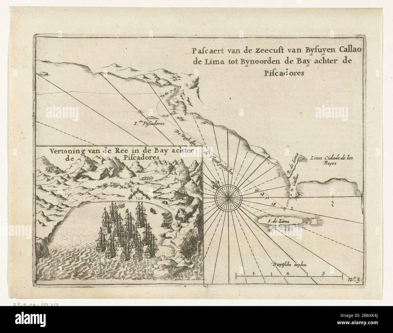 Kaart van de kust bij Callao, 1624 Pascaert van de Zeecust van Bysuyen Callao de Lima tot Bynoorden de Bay achter de Piscadores (titel op object) Karte der Küste bei Callao in Lima, Peru. Wette, die die Flotte in der Bucht hinter den Piscadores Darstellt, Wo: Schlag kam mit den Spaniern am Strand, 15. August 1624. Teil der Abbildungen im Bericht der Reise zur Welt der Nassauischen Flotte unter Jacques l'Hermit, 1623-1626, Nr. 3. Hersteller : Druckhersteller: Anonym zu drucken von: Anonymer Standort Herstellung: Nordniederland Datum: 1644 - 1646 Physische Eigenschaften: Ätzung und Stockfoto