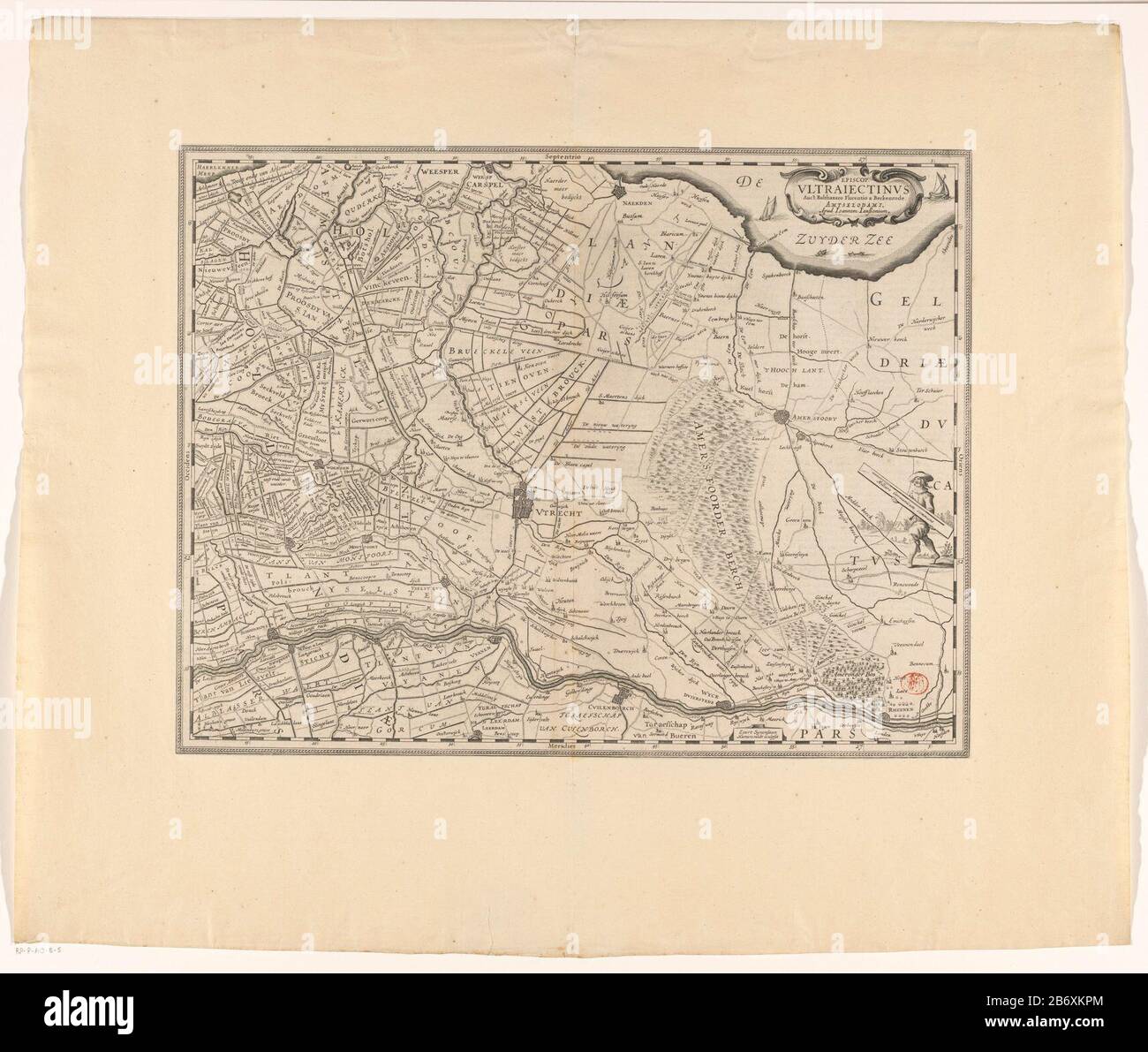 Kaart van de provincie Utrechter Episcop Ultraiectinus (titel op object) rechts die Titelkartusche. Mitten in einem Mann mit einem Schüsselstab in den Händen: Milliare Germanicum Kommune. Gradverteilung entlang der Kanten. Auf verso Spanisch tekst. Hersteller : Druckerhersteller Evert Simonsz Hammer Velt (denkmalgeschütztes Gebäude) Kartograf: Balthasar Florisz. Von Berckenrode (denkmalgeschütztes Gebäude) Verleger John Janssonius (denkmalgeschütztes Eigentum) Ort Herstellung: Amsterdam Datum: 1628 und / oder 1653 - 1666 Physische Merkmale: Enga; mit Text in Briefpapier zu Versomaterial: Papiertechnik: Enga (Druckverfahren Stockfoto