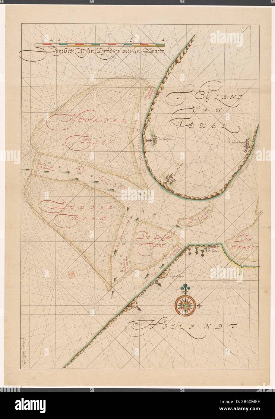 Kaart van een deel van de Kop van Noord-Holland, Zuid-Texel en de omliggende zandbanken Über einer Maßstabsleiste: Duijtsche Miles Five thien a graedt. Hersteller: Druckmaschine: Anonymer Künstler: Anonymer Drucker: Willem Janszoon Blaeu (Listed Property) Herstellung: Amsterdam Datum: CA. 1620 - ca. 1699 Physikalische Merkmale: Engra mit Pinsel in Farben und Stift in braunem und rotem Material: Papier Aquarell Ink Technik: Enna (Druckverfahren) / Stift / Pinsel Abmessungen: Plattenkante: H 723 mm × W 497 mmToelichtingManuscriptkaart auf einem gedruckten Blatt mit gravierten Kompasslinien. Für eine ähnliche V-Karte Stockfoto