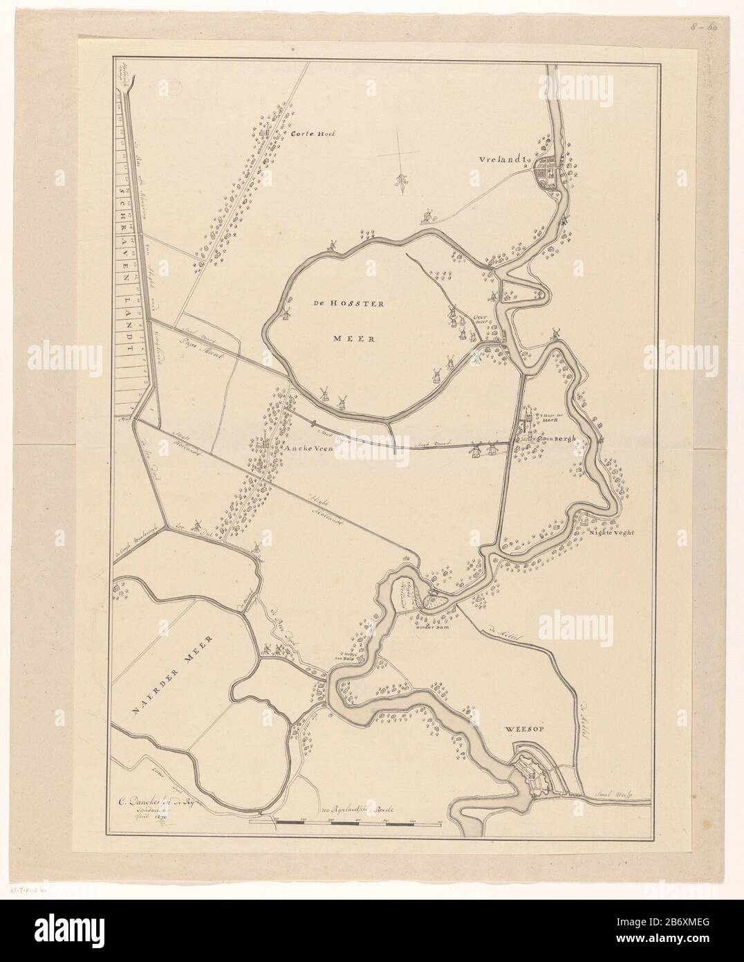 Kaart van een deel van het Gooi Manuscript Karte eines Teils des Wurfs, mit der Über-Vecht von Vreeland nach Weesp, Naardermeer Polder, dem Provider Meerpolder und Umgebung. Hinunter einen Maßstabsbalken: 700 Rynlandsche roede. Hersteller: Künstler: Cornelis Danckerts Reihe (II) (denkmalgeschütztes Gebäude) Vermessungsingenieur Cornelis Danckerts Reihe (II) (denkmalgeschütztes Gebäude) Ort Herstellung: Amsterdam Datum: 1636 - 1799 Physikalische Merkmale: Bürsten-Grau und schwarzer Stift in Schwarz und Bleistift in grauem Material: Papiertinte Aquarellbleistift Technik: Stift / Bürste Abmessungen: Blatt: H 618 mm × W 470 mmToelichtingHoewel auf dieser Karte Stockfoto