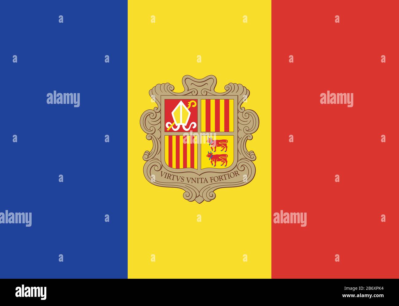 Flagge Andorras - Standardverhältnis der andorranischen Flagge - True RGB-Farbmodus Stockfoto