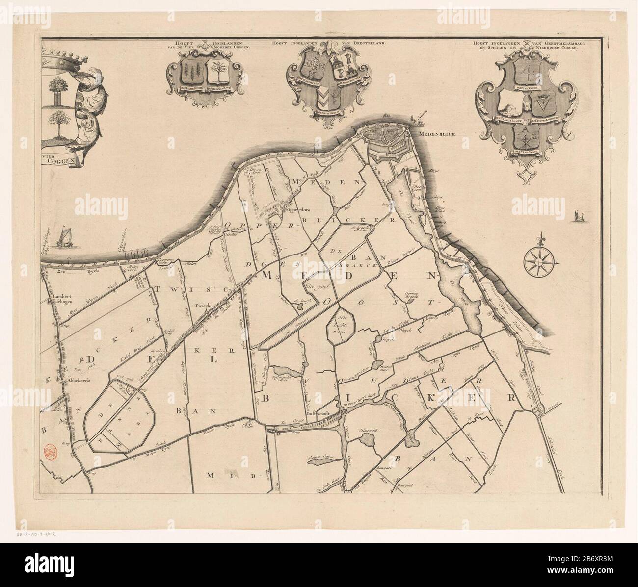 Kaart van het dijkgraafschap van de vier Noorder Koggen (deel rechtsboven) Nieuwe kaarte van het dykgraafschap der vier Noorder Coggen (titel op object) Teil (rechts) einer Karte des Landkreises Prägung Vier Nord Koggen. Hersteller : Druckmaschine : Henry Lethnaar Design: Pieterstraat Verlag: Hendrik de Leth (möglich) Ort Herstellung: Amsterdam Datum: 1731 Physikalische Merkmale: Ätzung und Engraa; mögliches Proofing Material: Papiertechnik: Engra (Druckverfahren) / Ätzmaße: Plattenkante: H 481 mm × W 590 mm Betreff: Karten oder separate Länder oder Regionen poldern, zurückgefordert Landmantel von Stockfoto