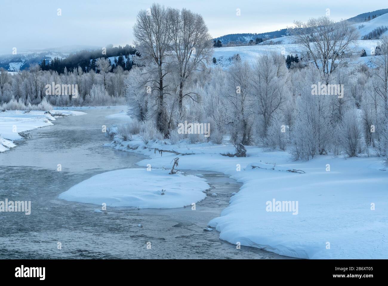 USA, Rocky Mountains, Wyoming, Grand Teton, Nationalpark, Gros Ventre River im Winter Stockfoto