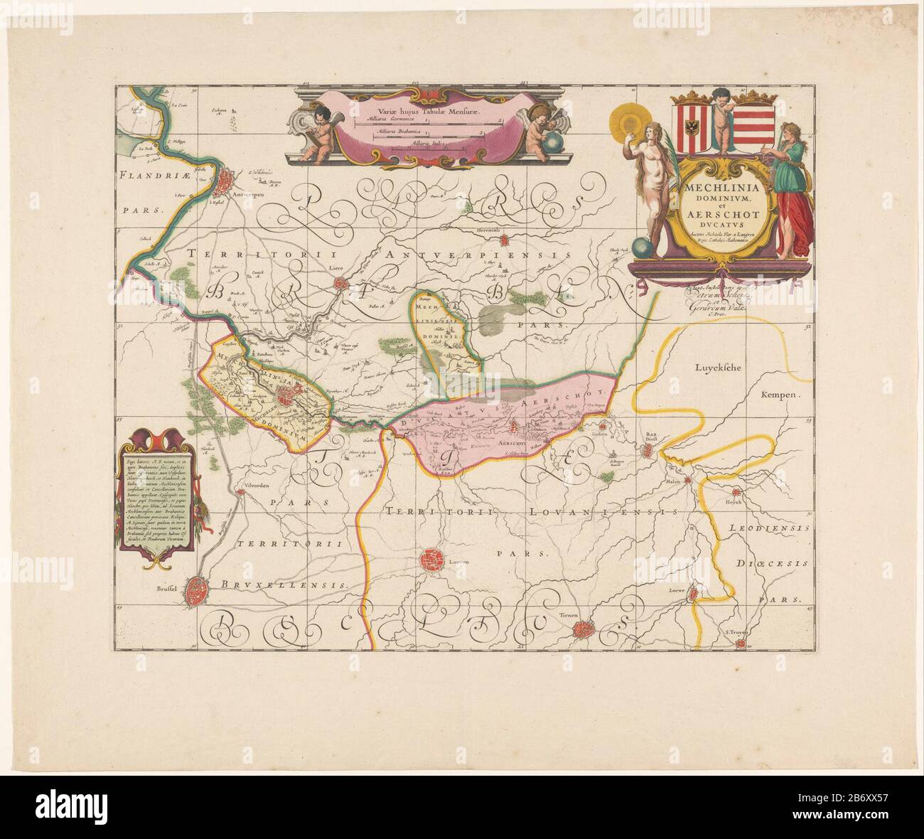 Kaart van het kwartier van Antwerpen, onderdeel van het hertogdom brabant Tertia pars brabantiae qua continetur Marchionat (titel op object) Karte des Bezirks Antwerpen, Teil des Duchy of brabant Tertia pars brabantiae terms continetur Marchionat (...) (title object type: Postkarte Artikelnummer: Catalusentia-RP-112: 317-RP-112. 2-2 (2) Beschreibung: Karte des Bezirks Antwerpen, eines der vier Viertel, In Denen: In das Herzogthum von brabant aufgeteilt ist. Unten, rechts in der Mitte, die Titelkartusche. Über dem Titelkartuschen Wappen der Stadt Antwerpen steht das l. Stockfoto