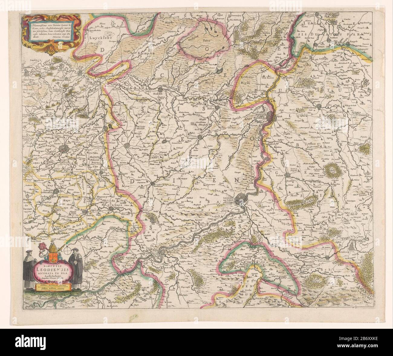 Kaart van het prinsbisdom Luik Diocensis Leodiensis accurata tabula (titel op object) Karte des Fürstbistums Lüttich. Links unter dem Titel Kartusche mit dem oberen Arm von Liège und den unteren zwei Polen Skala: Milliare Germanicum Kommune / Milliara Gallicum Kommune. Mit französischem Text. Hersteller: Druckmaschine: Anonymer Verleger: Henricus Hondius (denkmalgeschütztes Gebäude) im Auftrag von: Henricus Hondius (denkmalgeschütztes Eigentum) zugewiesen an: John le Roux (denkmalgeschütztes Eigentum) Ort Herstellung: Amsterdam Datum: 1633 Physische Merkmale: Radierung und Gravur, handfarbig; mit Text in der Briefpresse auf ver Stockfoto