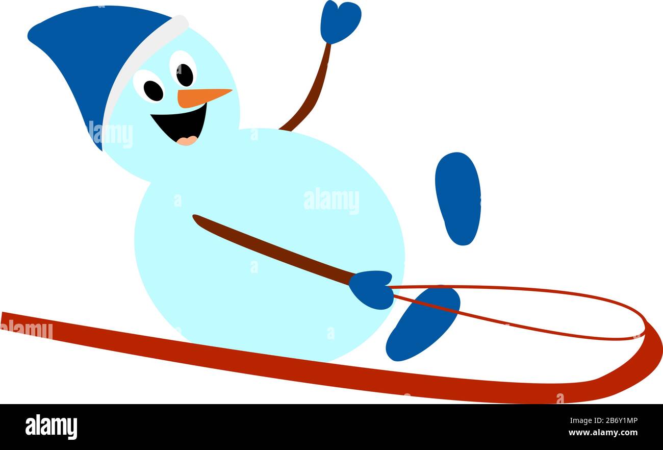 Schneemann auf Schlitten, Illustration, Vektor auf weißem Hintergrund. Stock Vektor