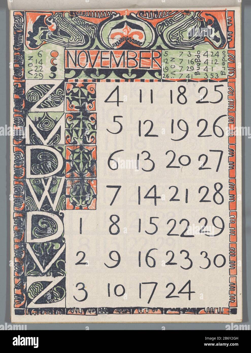 Kalenderblad november 1900 Kalender Journal November 1900 Objektart : Kalenderblatt drucken Artikelnummer: RP-P-1969-268 Hersteller: Druckerhersteller: Carel Adolph Lion Cachet Verlag: Scheltema & Holkema's Boekhandel Ort Herstellung: Amsterdam Datum: 1900 Physikalische Merkmale: Lithographisches Material in Rot, Grün und Schwarz: Papiertechnik: Lithographie (Technik) Abmessungen: Blatt: H 245 mm × W 176 mm Betreff: November  anderes Konzept Stockfoto