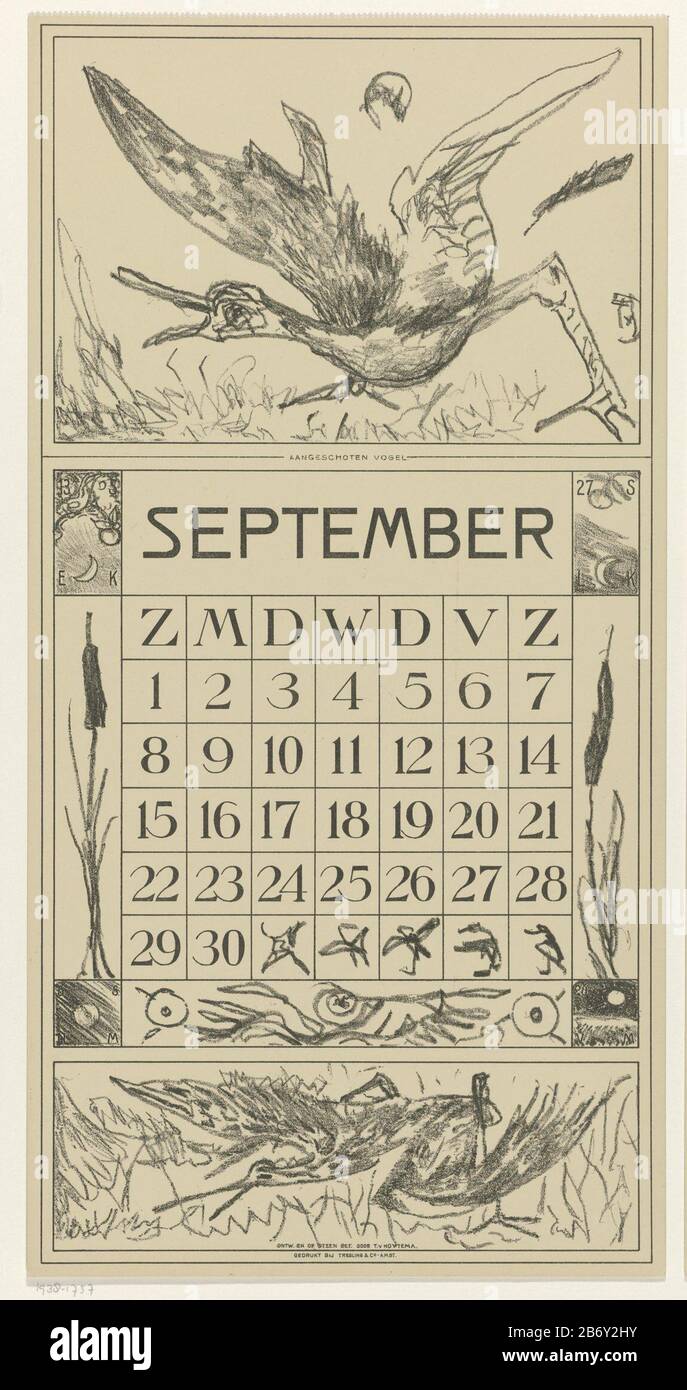 Kalenderblad september traf Aangeschoten vogel Kalender 1918 12 lithografien Tür Th V Hoytema (serietitel) Links und rechts der beiden großen Datumsanzeigen lisdoddes. In den Ecken die Positionen des Mondes in vier Tagen. Oben auf dem Blatt ein Scheurlijn. Hersteller : Druckerhersteller Theo van Hoytema (denkmalgeschütztes Gebäude) Drucker: Tresling & Comp. (Denkmalgeschütztes Gebäude) Verlag: Firma Ferwerda und Tieman Herstellung: Druckmaschine: Voorburg Verlag: Amsterdam Herausgeber: Amsterdam Datum: 1917 Physikalische Merkmale: Lithographisches Material: Papiertechnik: Lithographie (Technik) Abmessungen: Blatt: H 420 mm × Stockfoto