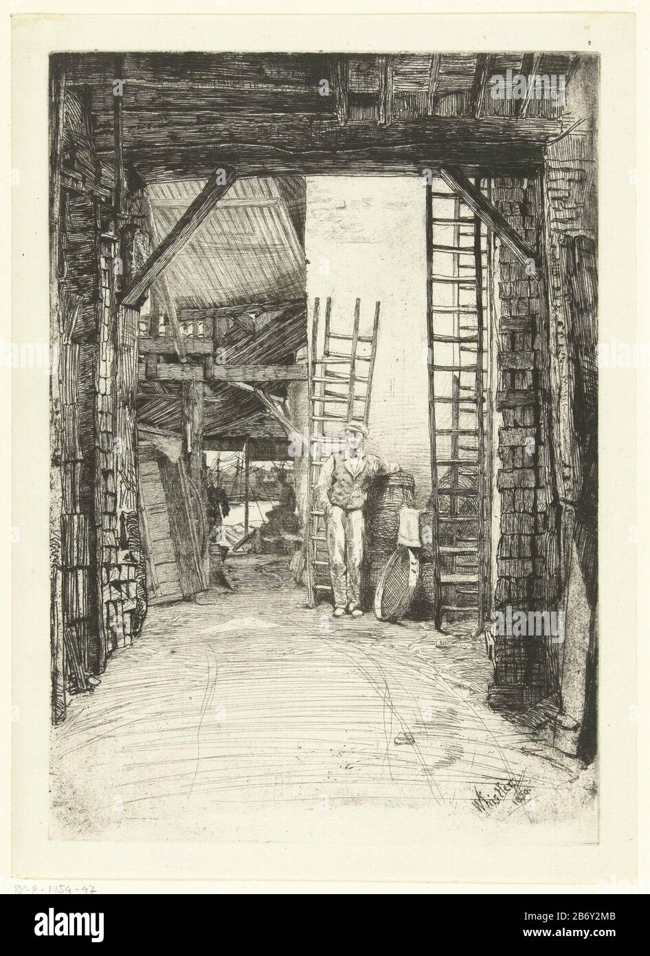 Kalkbrander Der Lime-Brenner Sechzehn Radierungen von Szenen auf der Themse und anderen Themen (Serietitel) Workshop mit einem Mann, der mit zwei Leitern an einer Tonne steht. Das ist der Arbeiter und Kalkbrenner W. Jones. Wegen eines See ein Hafenrichtbaar. Hersteller : Druckerhersteller James Abbott McNeill Whistler (denkmalgeschütztes Gebäude) in seinem Entwurf: James Abbott McNeill WhistlerPlaats Herstellung: England Datum: 1859 Physikalische Merkmale: Ätzmaterial: Papiertechnik: Ätzmaße: Plattenkante: H 252 mm × b 176 mmToelichtDe Ausgabe der Themse Satz Wo: Dieser Druckteil eines Teils wurde zwischen M angezeigt Stockfoto