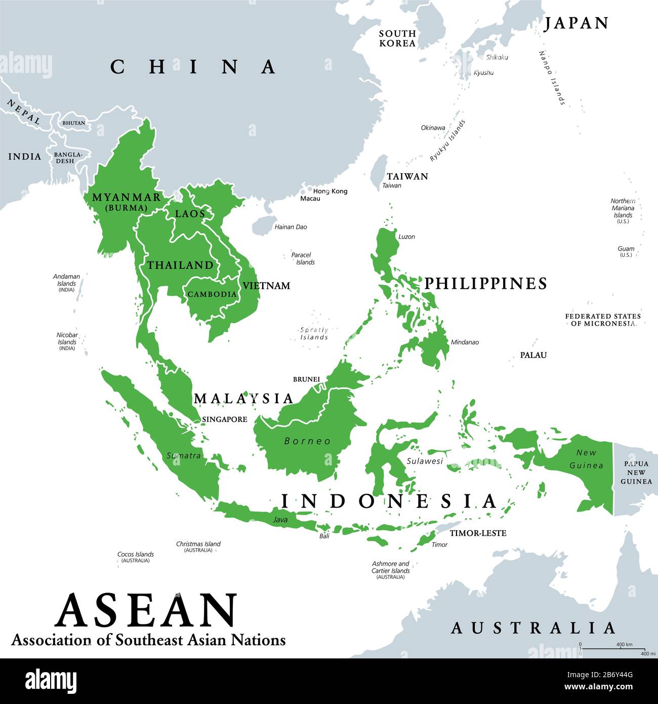 ASEAN-Mitgliedsstaaten, politische Karte. Verband Südostasiatischer Nationen, eine regionale zwischenstaatliche Organisation mit 10 Mitgliedsländern. Stockfoto