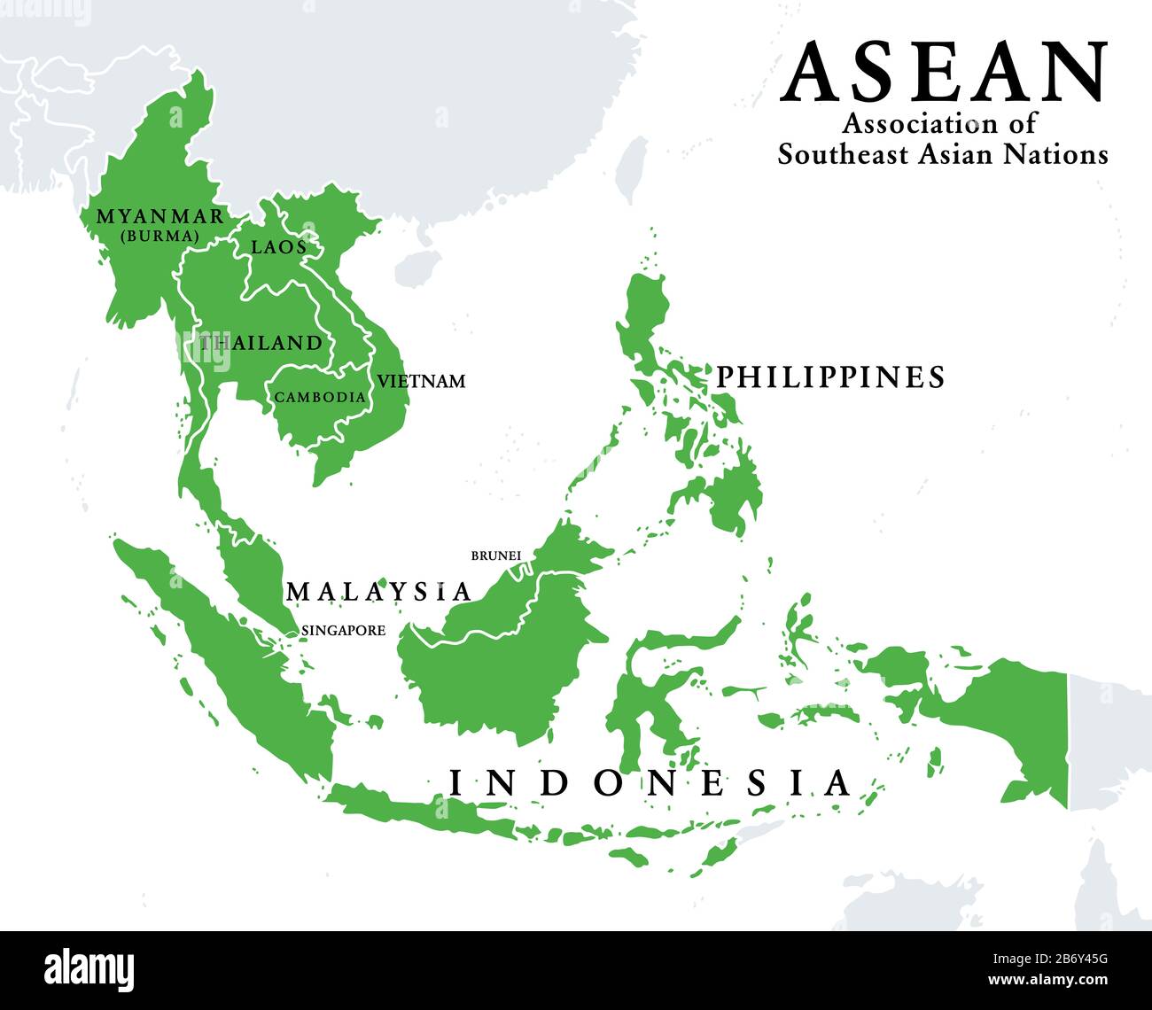 ASEAN-Mitgliedsstaaten, Infografik und Karte. Verband Südostasiatischer Nationen, eine regionale zwischenstaatliche Organisation mit 10 Mitgliedsländern. Stockfoto