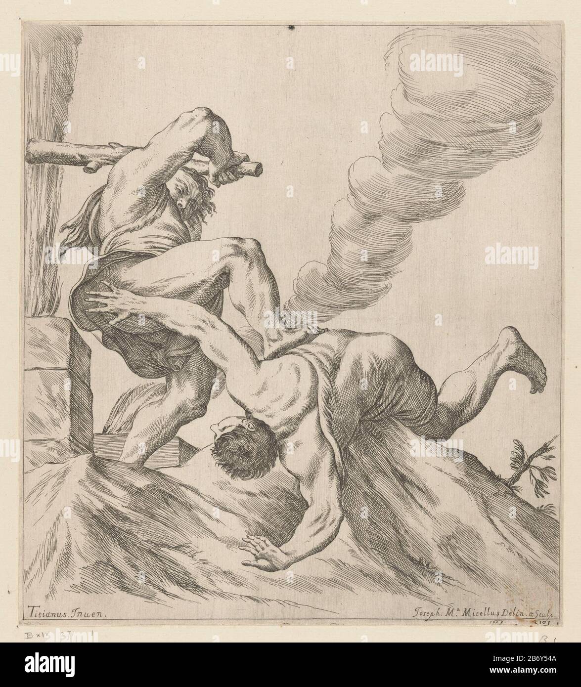 Cain ist im Begriff, Abel Todesspeicher mit einem Verein zu gründen. Im Hintergrund ein Rookpluim. Hersteller : Druckmaschine Giuseppe Maria Mitelli (denkmalgeschütztes Gebäude) zum Zeichnen von Giuseppe Maria Mitelli (denkmalgeschütztes Eigentum) von Titian (denkmalgeschütztes Eigentum) Herstellung: Italien Datum: 1669 Physikalische Merkmale: Ätzmaterial: Papiertechnik: Ätzmaße: Plattenkante: H 331 mm × W 300 mmToelichtingNaar ein Gemälde von Titian in der Santa Maria della Salute nach Venetië. Betrifft: Die Tötung von Abel: Kain erschlägt ihn mit einem Stein, einer Keule oder einem Kieferknochen, alternativ mit einem Spaten oder einem anderen Werkzeugachsenwedel Stockfoto