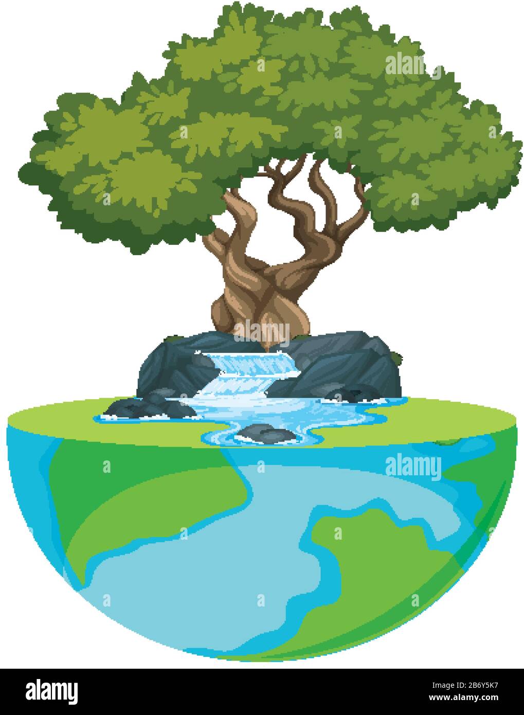 Große Welt mit Wasserfall und großer Baumdarstellung Stock Vektor