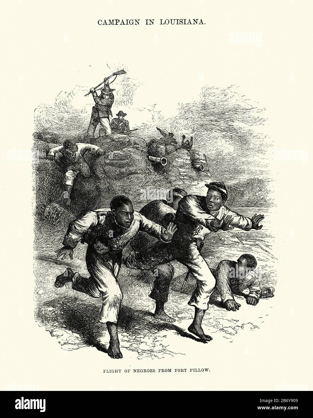Vintage-Gravur einer Szene aus dem Massaker von Fort Pillow während des amerikanischen Bürgerkrieges, 19. Jahrhundert. Die Schlacht von Fort Pillow, auch bekannt als das Massaker von Fort Pillow, wurde am 12. April 1864 in Fort Pillow am Mississippi in Henning, Tennessee, während des amerikanischen Bürgerkrieges ausgetragen. Die Schlacht endete mit einem Massaker an afroamerikanischen Unionstruppen und ihren weißen Offizieren, die versuchten, sich zu ergeben. Stockfoto