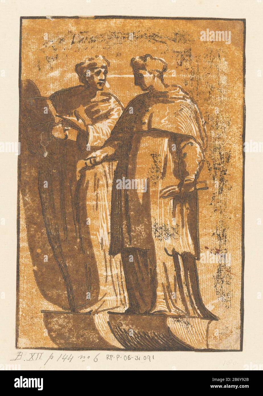 Kardinaal en dokter Zwei Männer stehen, Wo: Von links mit einem Buch in der Hand. Möglicherweise ein Kardinal und ein Handelnde. Hersteller: Druckmaschine: Ugo da Carci (möglich) zur Konstruktion: Rafael Ort Herstellung: Italien Datum: 1502 - 1532 Physische Merkmale: Chiaroscuro Holzschnitt in schwarz und braun; gedruckt aus einer Holzblocklinie und zweifarbigen Holzblöcken Material: Papiertechnik: Chiaroscuro Holzschnitt-Format: Blatt: H 187 mm × W 128 mm Betreff: Kardinalsgelehrter, Philosoph Stockfoto