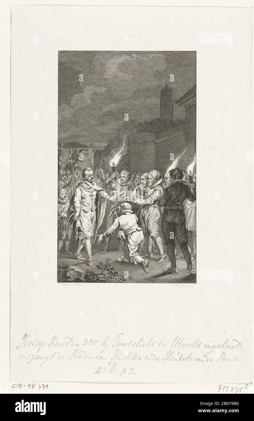 Karel V te Utrechter Ingehaald, 1528 Kezier Karl V. 1528 Utrechter angesichts von Fackeln als Herr überholt und der Stab der Gerechtigkeit und der Schlüssel zur Stadt Aangeboden. Hersteller: Druckmaschine: Reinier Vinkeles (I) (denkmalgeschütztes Gebäude) in Zeichnung: Jacobus Kauft (denkmalgeschütztes Eigentum) Herstellung: Niederlande Datum: 1789 Physikalische Merkmale: Ätzmaterial: Papiertechnik: Ätzmaße: Papier: H 238 mm × W 154 mmToelichtingIllustratie für: James Cook, Vaderlandsch Dictionary, Johannes Allart, Amsterdam aus den Jahren von 1785-99, 35 Teile, Vol. XXI, pl. III Geben Sie vor dem Buchstaben an. Betrifft: Triumphieren Stockfoto