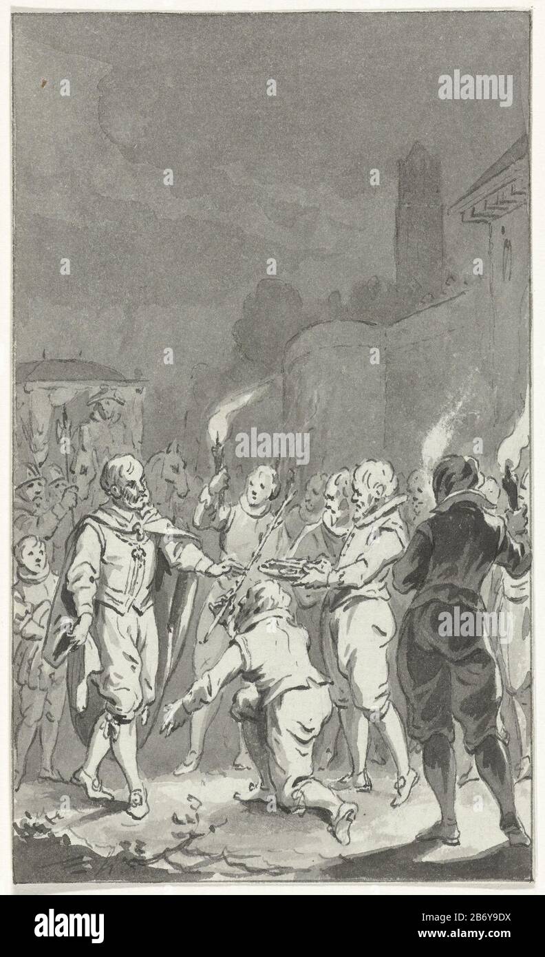 Karel V., Duits keizer, ontvangt de sleutels van de poorten en de roede van justitie van Utrechter Kezier Charles V. soll in Utrechter auffangen werden, in Licht von Fackeln als Herr zu kommen und der Stadt den Stab der Gerechtigkeit und die Schlüssel anzubieten haben. Entwurf prent. Hersteller: Künstler: Jacobus Kauft datierend: 177-1789 Physikalische Merkmale: Stift und Pinsel in grauem Material: Papiertinte Technologie: Stift / Pinsel Abmessungen: H 149 mm × W 90 mmToelichtingOntwerkekening zur Illustration in: James Cook, Vaderlandsch Wörterbuch, Johannes Allart, Amsterdam 1785-1799, 35 Teile, Bd. XXI, pl. III Betrifft: Kapitulation oder Keyssymbole und Stockfoto