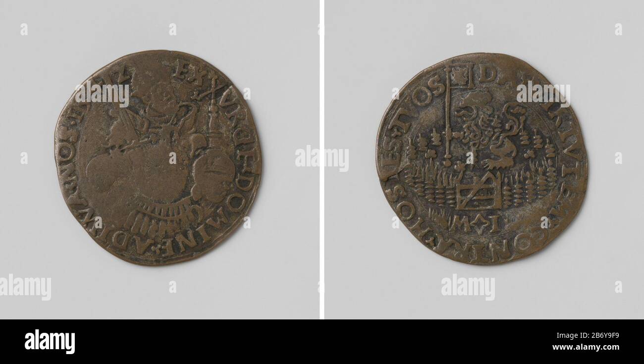 Karel V, Duits keizer, Bereidt zich voor op de oorlog tegen Maarten van Rossum, rekenpenning ten behoeve van Mr. Jacob de Jonge, auditeur van de rekenkamer van Holland Koperen penning. Voorzijde: Portret van Karel V traf auf kroon, rijksappel in linkerhand en z Stockfoto