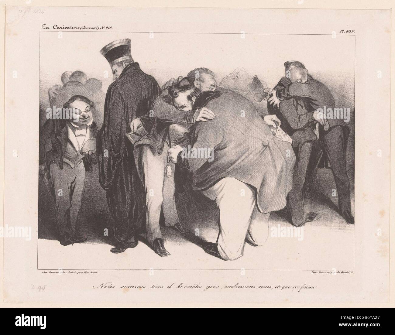 Karikatur der französischen Regierung als Taschendiebe nous sommes tout d'honnêtes Gens (...) (Titelobjekt) Objekttyp: Cartoon-Bild Artikelnummer: RP-P-1947-113 Katalogusreferendar: IFF après 1800 75Delteil (Daumier) 95-2 () Beschreibung: Verschiedene Regierungsumarmungen, unter Der Who: König Louis-Philippe von Frankreich, Adolphe Thiers und Jean-Charles Persil. Währenddessen stehlen sie Taschentücher Horlogen und Brieftaschen elkaar. Hersteller : Druckmaschine: Honoré Daumier Herausgeber: Nicolas Louis Delaunois (denkmalgeschütztes Gebäude) Herausgeber: Gabriel Aubert (denkmalgeschütztes Eigentum) Ort Herstellung: Paris Datum: 1834 Material: Stockfoto