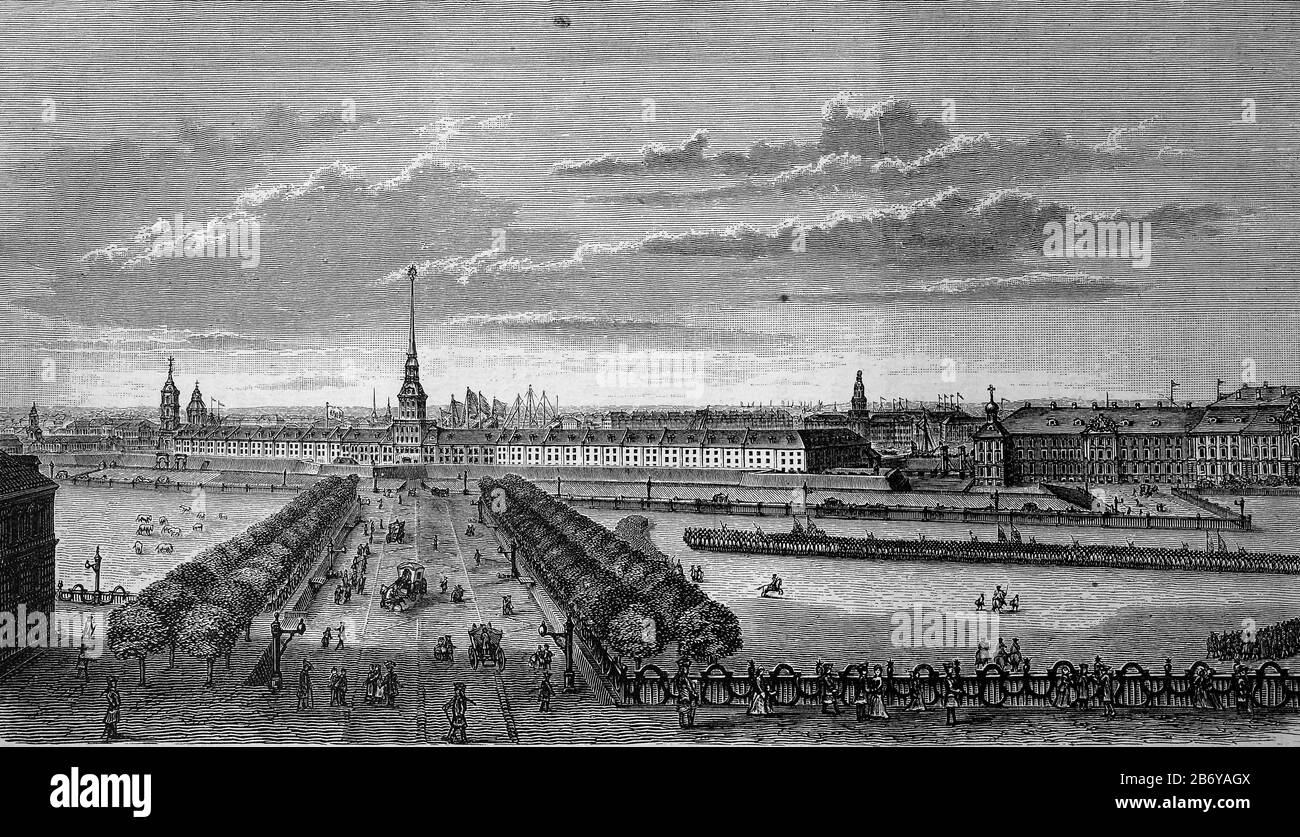 Die seit 1704 von Peter dem Großen erbaute Admiralität von Sankt Petersburg, Russland / die Admiralität von Sankt Petersburg, Bau von Peter dem großen sei 1704, Russland, historisch, digital verbesserte Wiedergabe eines Originals aus dem 19. Jahrhundert / Digitale Produktion einer Originalanlage aus dem 19. Jahrhundert. Jahrhuntert, Stockfoto