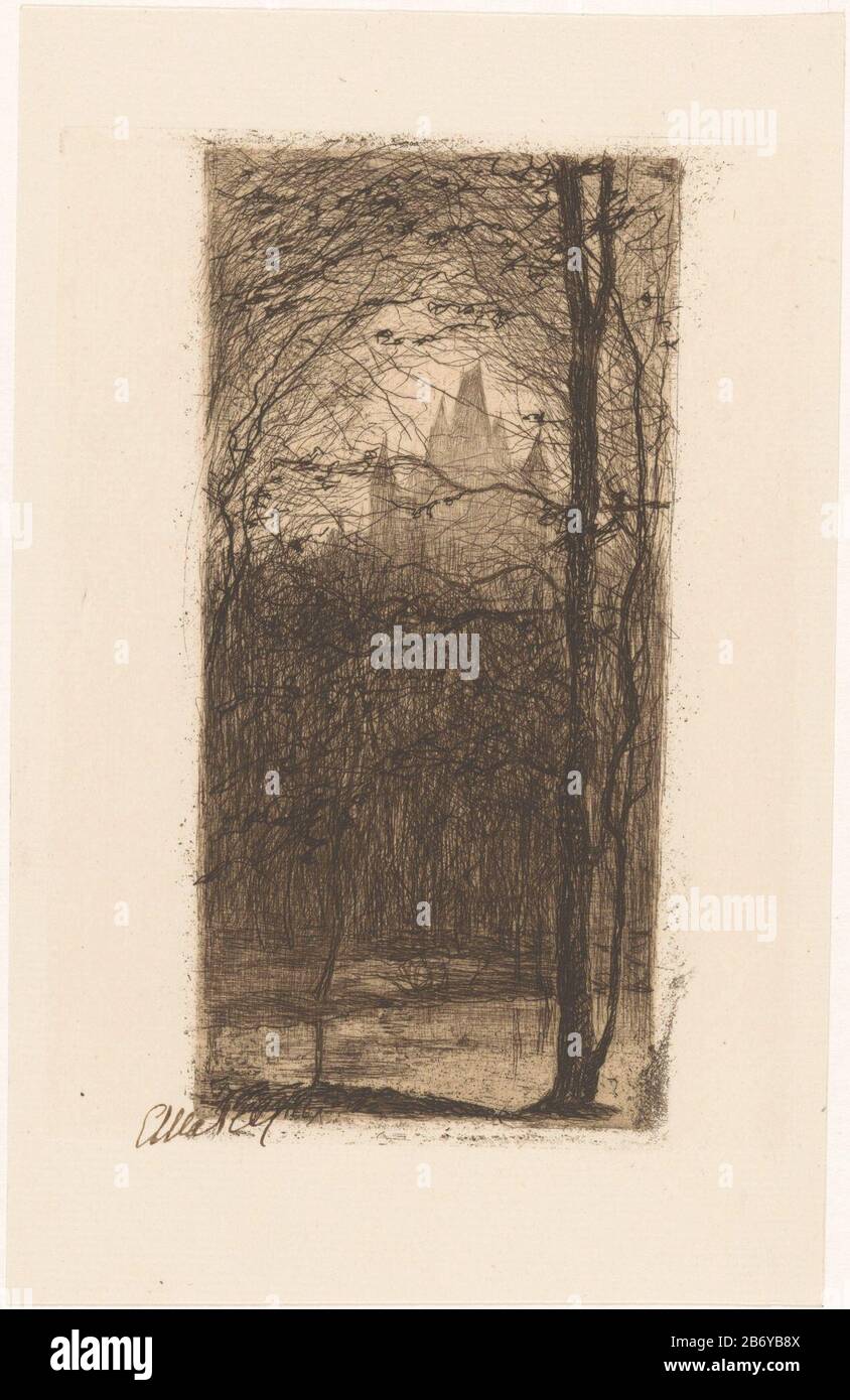 Kasteel in een bos Bäume um einen See in einem Wald. Im Hintergrund, über den Baumkronen, die Türme eines kasteel. Hersteller: Druckmaschine: Etha Fles (persönlich unterzeichnet) Datum: 30-1910 Physische Merkmale: DRYPOINT und Plattenton braunes Material: Papiertechnik: DRYPOINT / Plattenton Abmessungen: Plattenkante: H 160 mm × W 118 mm Betreff: Wald, Holzburg Stockfoto