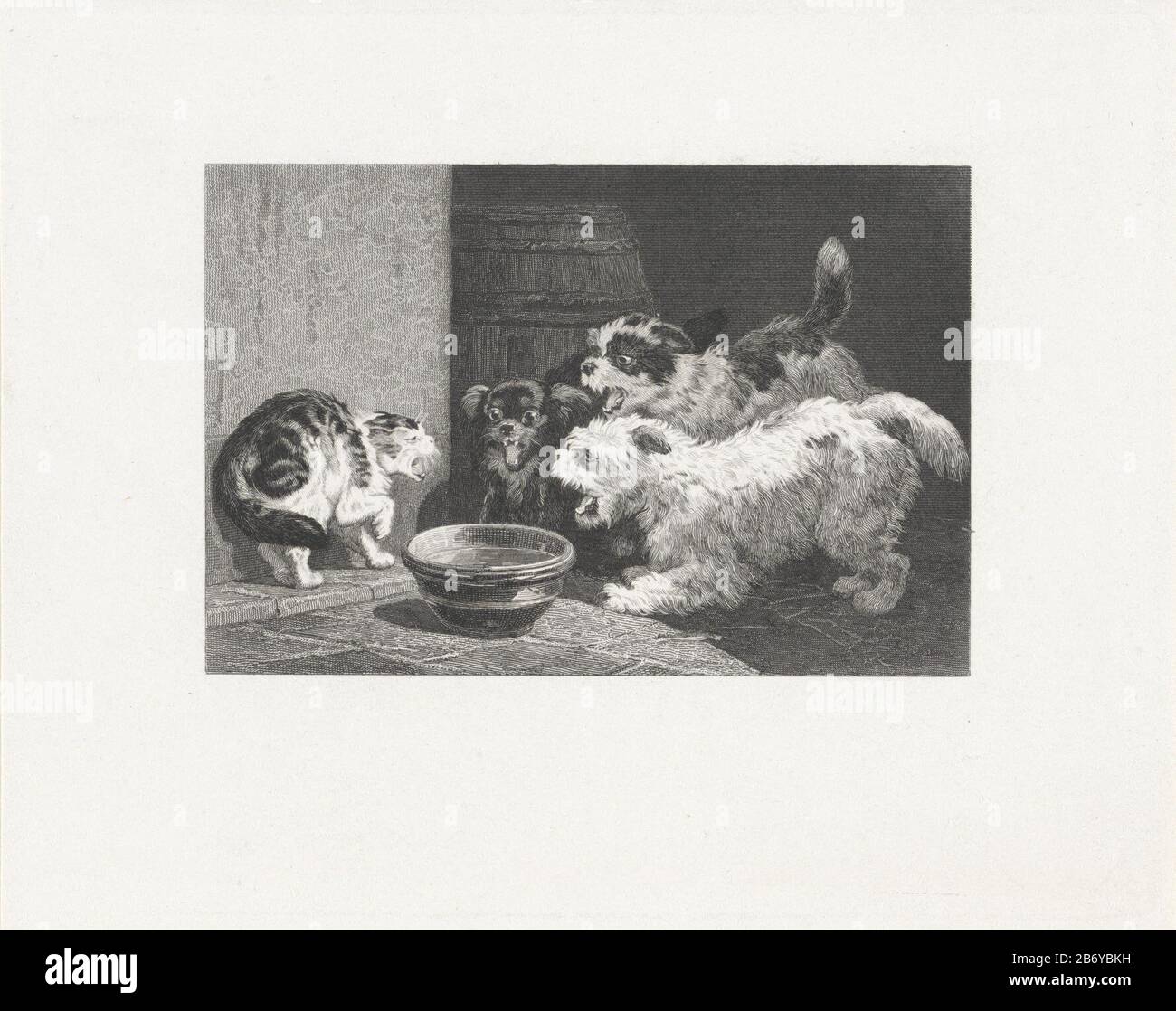 Kat in het nauw Drei Yapping Dogs dri wehend eine Katze in einer Ecke. Unter den Tieren befindet sich eine große Schüssel auf dem Grond. Hersteller : Druckerhersteller Dirk Jurriaan Sluyter Ort Herstellung: Amsterdam Datum: 1826 - 1886Physikalische Merkmale: Ätzmaterial: Papiertechnik: Ätzmaße: Plattenkante: H 140 mm × W 177 mm Betreff: Catdog Stockfoto