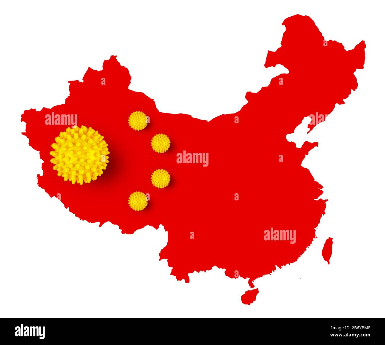Corona-Virus-Symbol auf rot gelbem chinesischen Kartenfahne china Hintergrund. Cornavirus COVID-19 globales Konzept zur epidemischen Epidemie bei Ausbruch von Epidemien. Stockfoto