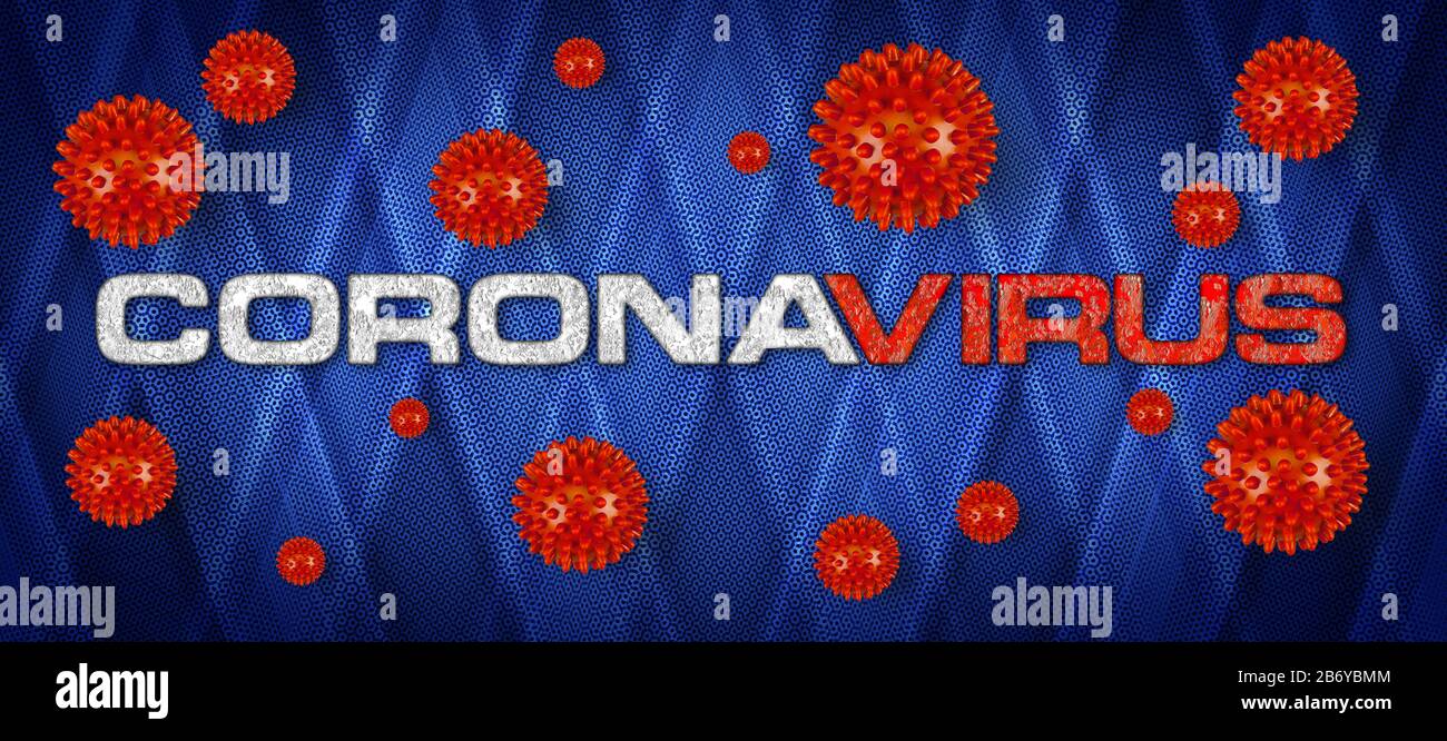 Covid-19 rot-weißer Schriftzug mit Corona-Virus auf hellem hellgrauem Hintergrund. Cornavirus globales Konzept für pandemische Epidemieepidemien bei Ausbruch der Epidemie auf blau Stockfoto