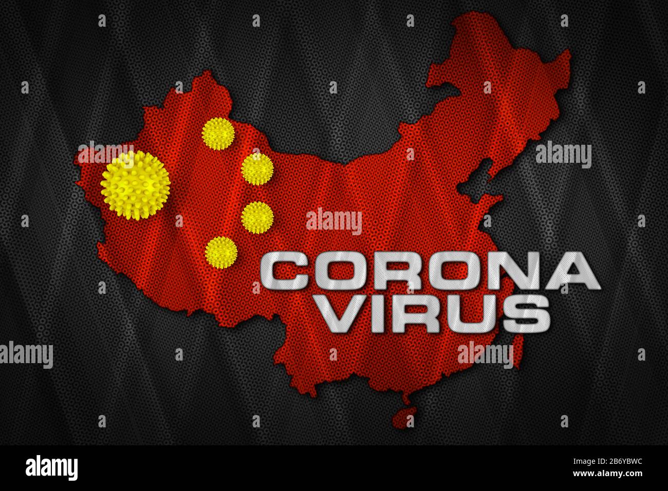 Weißer Corona-Virus-Schriftzug mit gelbem Corona-Virus auf rotem chinesischen Kartenfahne chinesischer Hintergrund. Cornavirus COVID-19 Epidemie bei globalen Ausbrüchen Stockfoto