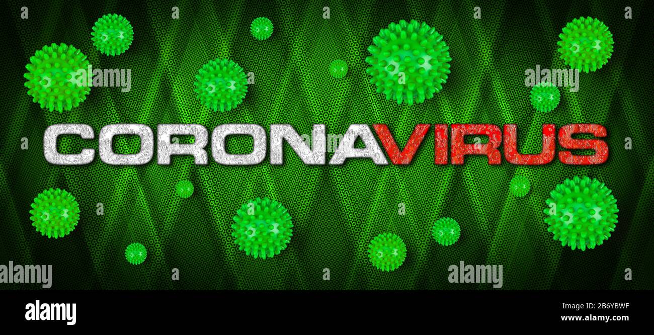 Covid-19 rot-weißer Schriftzug mit grünem Corona-Virus auf hellem hellgrauem Hintergrund. Cornavirus Global Outbreak Pandemic Epidemic Medical Concept BA Stockfoto