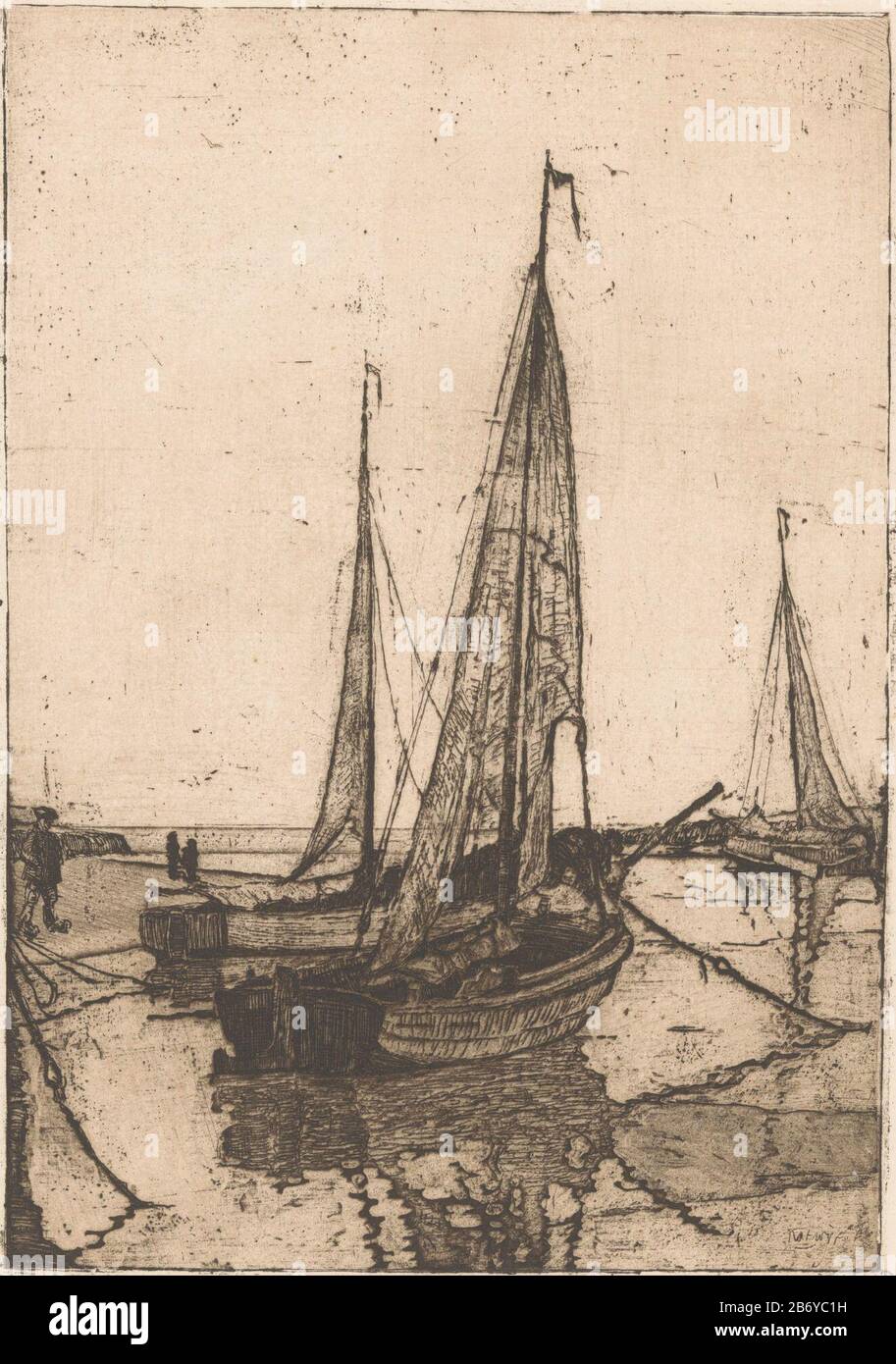 Katwijk (originele titel op object) Moorierte Fischerboote im Hafen von Katwijk. Hersteller : Druckhersteller: Albert Funke Küpper (persönlich handlich signiert) Datum: 1904/1934 Physikalische Eigenschaften: Ätzung und Plattenton in braunem Material: Papiertechnik: Radierung / Plattentonmessungen: Plattenkante: H 256 mm × W 185 mm Betreff: Hafen Handelsfischerei, in dem: Katwijk Stockfoto