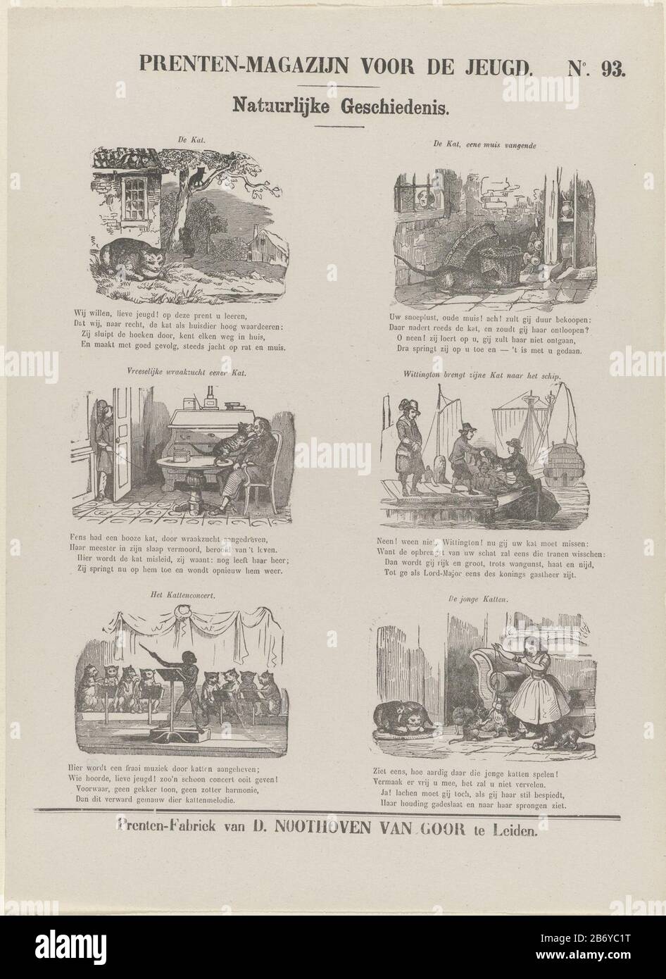 Katten Prenen-magazijn voor de jeugd (serietitel op object) Natuurlijke geschiedenis (serietitel op object) Leaf mit sechs Darbietungen von Katzen. Über jedem ist ein Titel zu sehen, darunter jeweils ein vierzeiliger Vers. Oben rechts nummeriert: Nr. 93. Hersteller : Herausgeber: Dirk Noothoven Goor (denkmalgeschütztes Gebäude) Druckereiunternehmen: Anonymer Ort Herstellung: Verlag: Leiden Autor: Niederlande Datum: 1850 - 1881 Physische Merkmale: Holzwagen und Textdruckmaterial: Papiertechnik: Holzengra / Druckformate: Blatt: H 415 mm × b 305 mmToelichtHerdrauk ein von J. Schuitemaker veröffentlichter Druck. Betreff: C Stockfoto