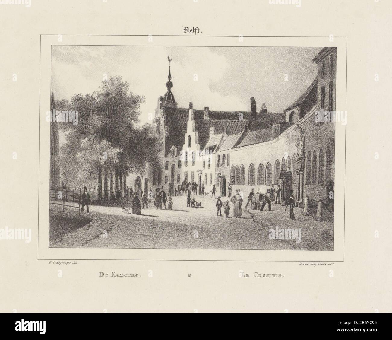 Kazerne in Delft Gezichten op Nederlandsche Steden (serietitel) Straßenfiguren. Die Kaserne ist ein Soldat auf Wache. Links in einen Graben und einige werden beschossen. Hersteller: Druckmaschine: Gijsbertus Craeyvanger (denkmalgeschütztes Gebäude) Drucker: Desguerrois & Co. (Denkmalgeschütztes Eigentum) Ort Herstellung: Druckmaschine: Niederlande Herausgeber: Amsterdam Datum: 1820-1895 Physische Merkmale: Lithographisches Material: Papiertechnik: Lithographie (Technik) Abmessungen: Blatt: 270 mm × W 340 mm Betreff: Baracken Stockfoto