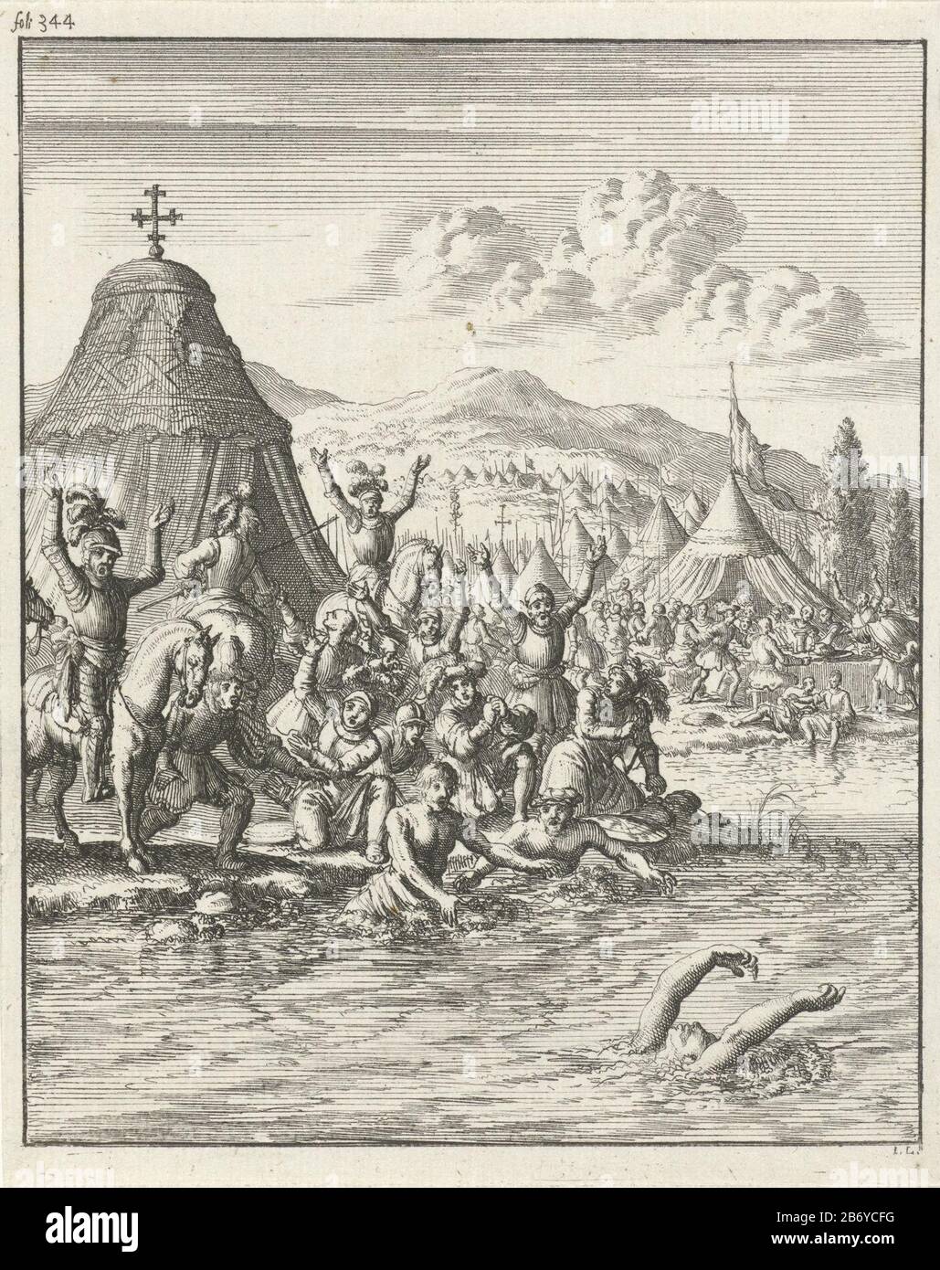 Keizer Frederik Barbarossa vertrinkt in de Selef Print oben links beschriftet: Foli 344. Hersteller : Druckhersteller: Zwaansvliet (angegeben auf dem Objekt) Herausgeber: Timothy at Hear Ort Herstellung: Amsterdam Datum: 1683 Physikalische Eigenschaften: Ätzmaterial: Papiertechnik: Ätzmaße: Blatt: H 167 mm × W 133 mmToelichtingIllustratie aufgelistet in: Maimbourg, Louis. Geschichte der Kreuzfahrer, die Erlösung vas nicht heiliges Land. Amsterdam: Timothy ten Hoorn, 1683. Betrifft: Militante Missionierung: Religiöser Krieg, Kreuzzug, etc.death durch Ertrinken (gewaltlosen) Flusses wo: Selefwie: Friedrich I. Barbaro Stockfoto