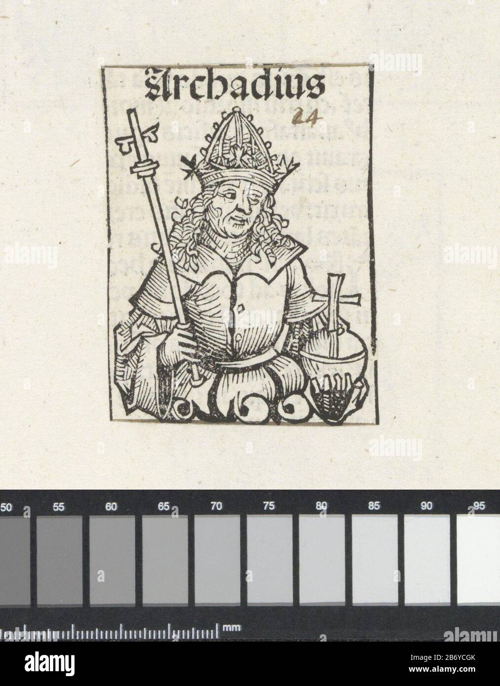Keizer Arcadius Archadius (titel op object) Liber Chronicarum (serietitel) Een bloemkelk met een koning, naar rechts gericht. De man heeft een scepter en een rijksappel in zijn handen. De voorstelling ist onderdeel van de opeenvolging Romeinse keizers in de Liber Chronicarum. De tekst identificeert de man als keizer Arcadius. De prent maakt deel uit van een Album. Hersteller : Hersteller: Michel Wolgemut (Atelier van)prentmaker: Wilhelm Pleydenwurff (Atelier van)Plaats Herstellung: Neurenberg dating: 1493 Physische Kenmerken: Houtsnede geplact op Albumblad; tekst in boekdrauk; verso traf tekst i. Stockfoto