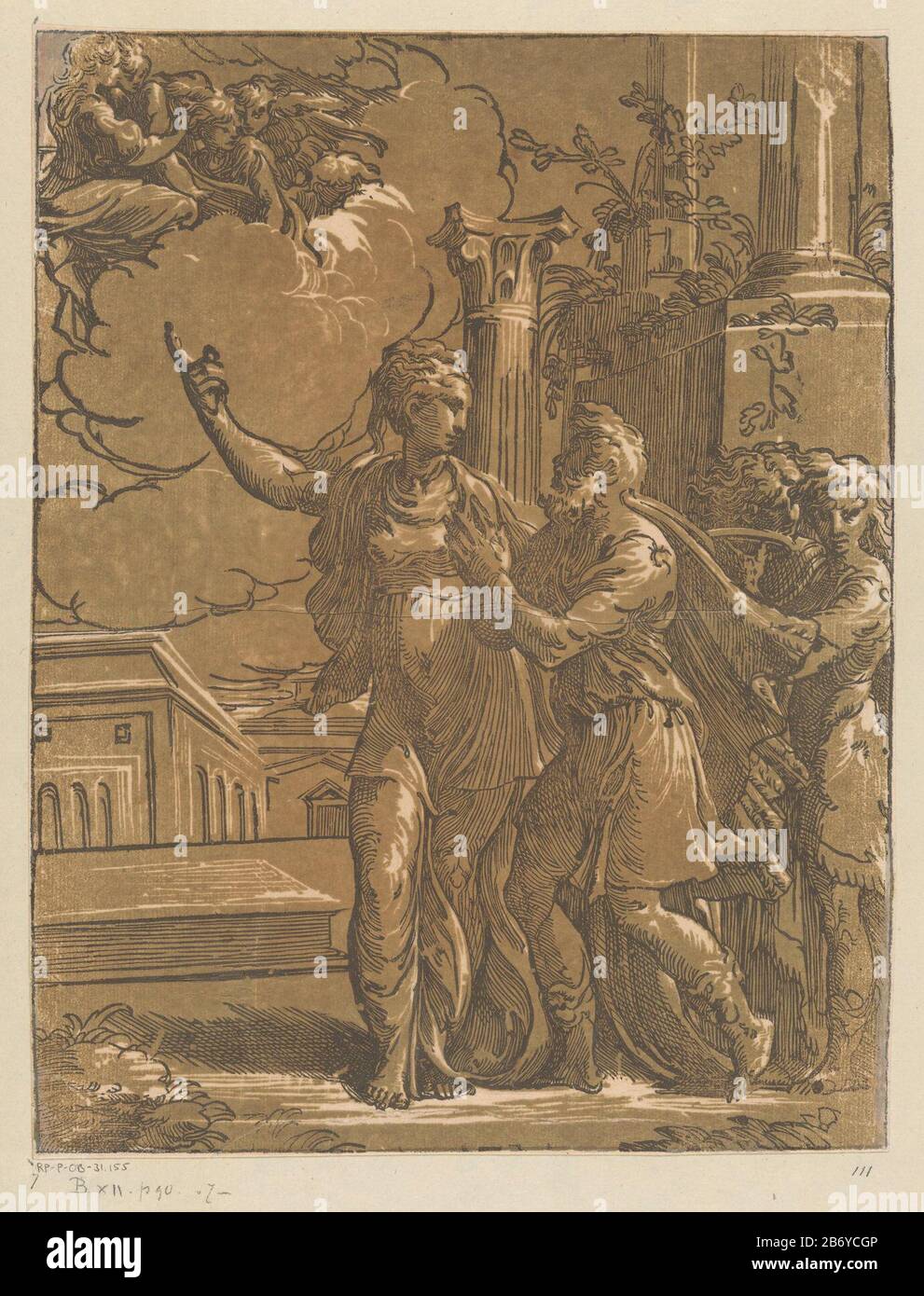 Keizer Augustus en de Tiburtijnse Sibille Die Tiburtine Sibyl zeigt Kaiser Augusts Aussehen eines Engels an Maria und des Christuskindes am Himmel. Zwei umstehende Männer sind rechts. Hersteller : Druckmaschine Antonio da Trentonaar Design: Parmigianinoplats Herstellung: Italien Datum: 1528 - 1530 Physische Merkmale: Chiaroscuro Holzschnitt in Schwarz und Braun; bedruckt einen Holzleitblock und einen Holztonblock Material: Papiertechnik: Chiaroscuro-Holzschnitt Abmessungen: Blatt: H 346 mm × W 266 mm Betreff: Die Tiburtine SIBYL und August: Das Sibyl enthüllt dem Kaiser eine Vision der Madonna im Himmel madonna: Stockfoto