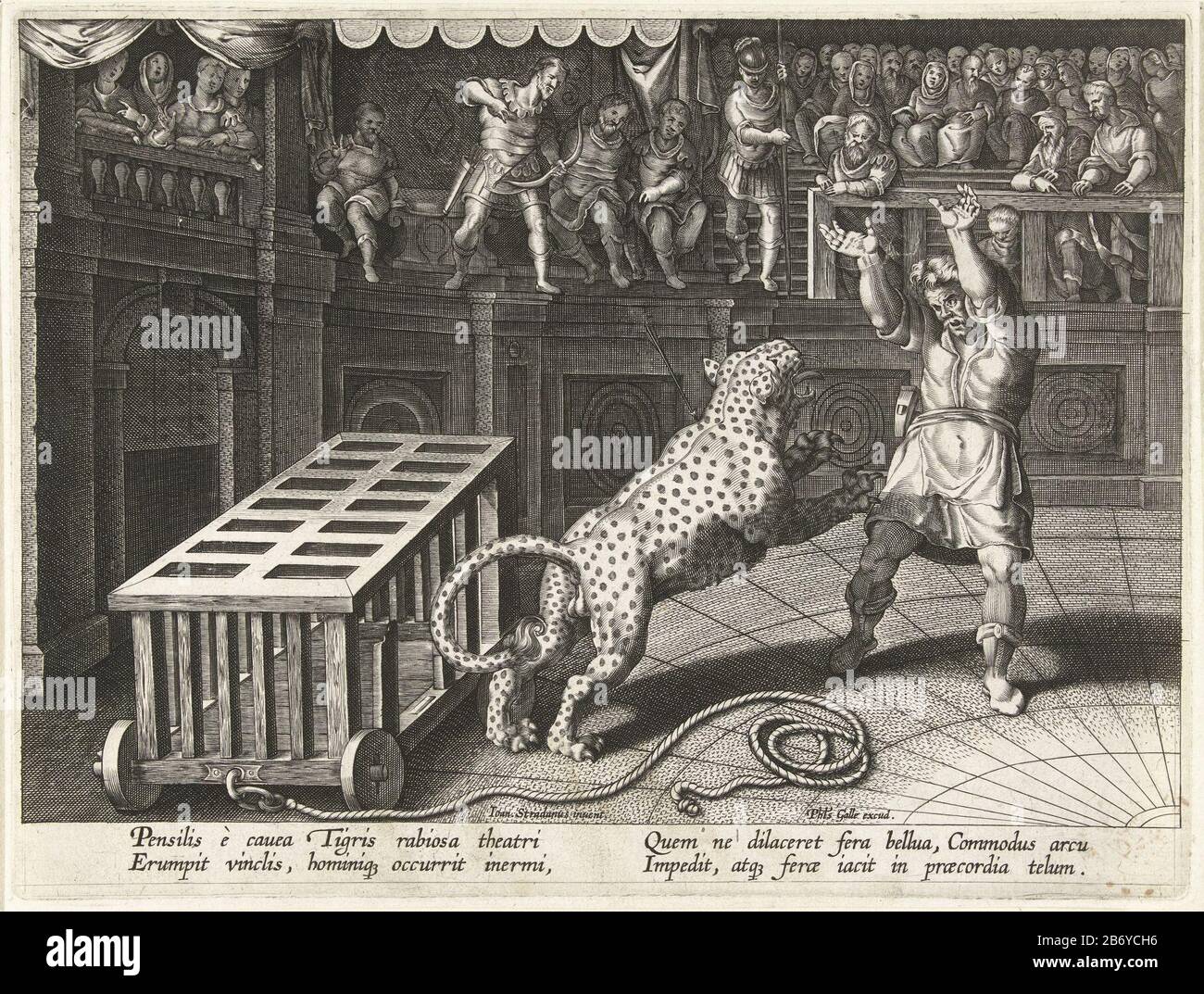 Keizer Commodus doodt een luipaard met een pijl Jachttaferelen (serietitel) Venationes Ferarum, auium, piscium pvgnae Bestiariorum (serietitel) a coliseum Arena. Ein Leopard brach aus seinem Käfig und ist ein Mann. Kaiser Commodus schießt mit einem Bogen einen Pfeil in der Brust des Tieres. Der Druck hat eine lateinische Bildunterschrift und ist Teil einer Serie auf Jachttaferelen. Hersteller: Druckmaschine: Adriaen Collaert (zugeschrieben) zur Gestaltung: Stradanus (denkmalgeschütztes Gebäude) Herausgeber: Philip Galle (denkmalgeschütztes Eigentum) Schriftsteller Cornelis KiliaanPlaats Herstellung: Druckmaschine: Antwerpen zur Gestaltung: Florence Verlag: Antwerpen Antwerpen W Stockfoto