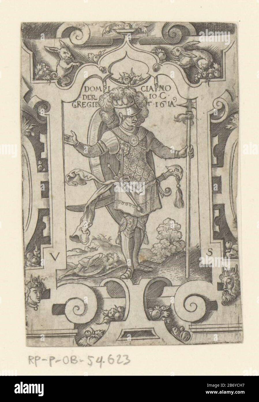 Keizer Domitianus im Rollwerk unterlässt Kaiser Domitian im Scrollwork Rahmen Objekttyp: Bild Artikelnummer: RP-P-ob-54.623Katalogogusreferentie: Hollstein Deutsch 307 Aufschriften / Marken: Sammlermarke, Verso, gestempelt: Lugt 2228Zahl, Verso, handschriftliche Tinte braun: '21, 2. - 125' Hersteller : Druckmaschine: Virgil Solis (auf dem Objekt angegeben) Ort Herstellung: Nürnberg Datum: 1524 - 1562 Material: Papiertechnik: Engraa (Druckverfahren) / Äch- / Plattentonabmessungen: Blatt: H 83 mm (abgeschnittene Innenkante der Platte) × W 57 mm (abgeschnittene Innenkante der Platte) Erläuterung Dieser Pfosten ist Teil einer Serienschaltung Stockfoto