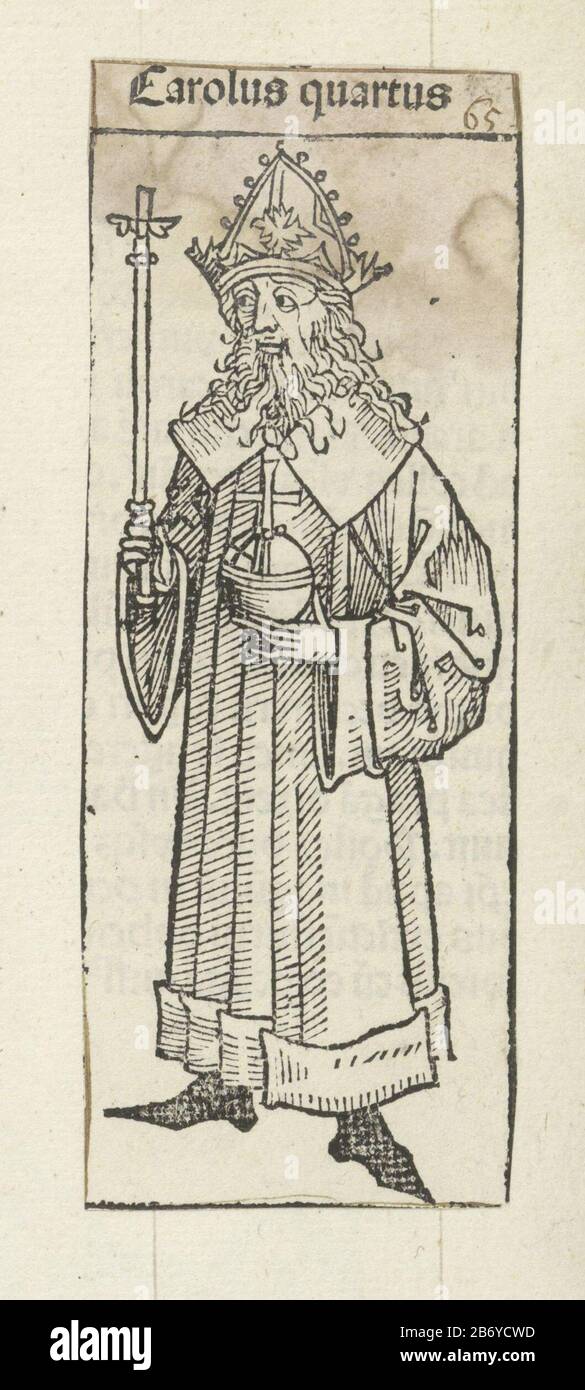 Keizer Karel IV Carolus quartus (titel op object) Liber Chronicarum (serietitel) EIN König mit Orb und Zepter, kurz gesagt. Die Aufführung gehört zu den Nachfolgestemporen im Liber Chronicarum. Der Text identifiziert den Mann als Kaiser Karl IV Der Druck ist Teil eines Albums. Hersteller : Druckmaschine Michel Wolgemut (Studio) Druckmaschine: Wilhelm Pleydenwurff (Werkstatt) Ort Herstellung: Nürnberg Datum: 1493 Physikalische Merkmale: Holzschnitt auf Album-Blatt eingeklebt; Textdruckmaterial: Papiertechnik: Briefpapier / Holzschnitt / Paste Abmessungen: Druck: H 138 mm × W 52 mmToelichtingDe Holzschnitt Stockfoto