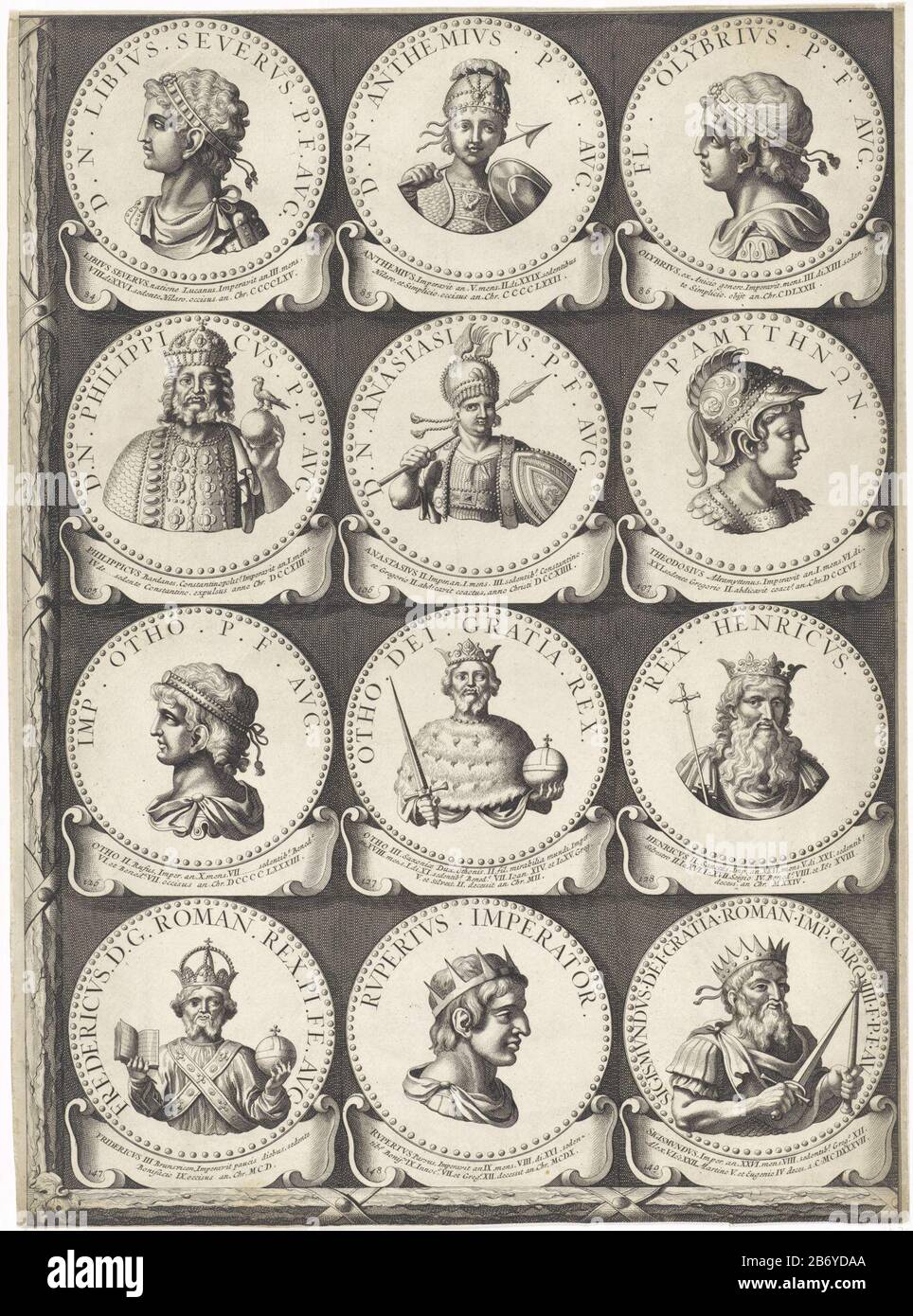Keizers en koningen, Medaillons 84-149, blad 8 Keizers en koningen (serietitel) Seite 8 von insgesamt 14 Blättern mit je 12 (und Klinge 14:9) nummerierten Medaillons mit Kaiser und Koningen. Hersteller : Druckerhersteller Jan van Vianen Herausgeber: François Halma Gewidmet Hendrik Casimir II., Graf von Nassau-Dietz Ort Herstellung: Utrechter Datum: 1695 Physikalische Eigenschaften: Ätz- und Engra-Material: Papiertechnik: Ätzung/Engra-Messungen (Druckverfahren) Maße: Blatt: H 549 mm × W 405 mmOnderwerpwie: Libius SewerusAnthemius von RomeOlybriusPhilippicus BardanesAnastasios II. (Kaiser von Stockfoto