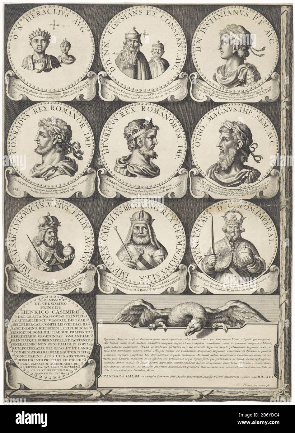 Keizer en koningen, Medaillons 102-146, blad 14 Keizer en koningen (serietitel) Blatt 14 von insgesamt 14 Blättern mit je 12 (und Klinge 14:9) nummerierten Medaillons, die Kaiser und Koningen darstellen. Hersteller : Druckerhersteller Jan van Vianen (denkmalgeschütztes Gebäude) Herausgeber: François Halma (denkmalgeschütztes Gebäude) gewidmet in: Henry Casimir II. Graf von Nassau-Dietz (auf Objekt angegeben) Ort Herstellung: Utrechter Datum: 1695 Physikalische Eigenschaften: Ätzmittel und Engra-Material: Papiertechnik: Ätzung/Engra-Messungen (Druckprozess): Blatt: H 548 mm × W 400 mmOnderwerpwie: Constans II (Kaiser der Stockfoto
