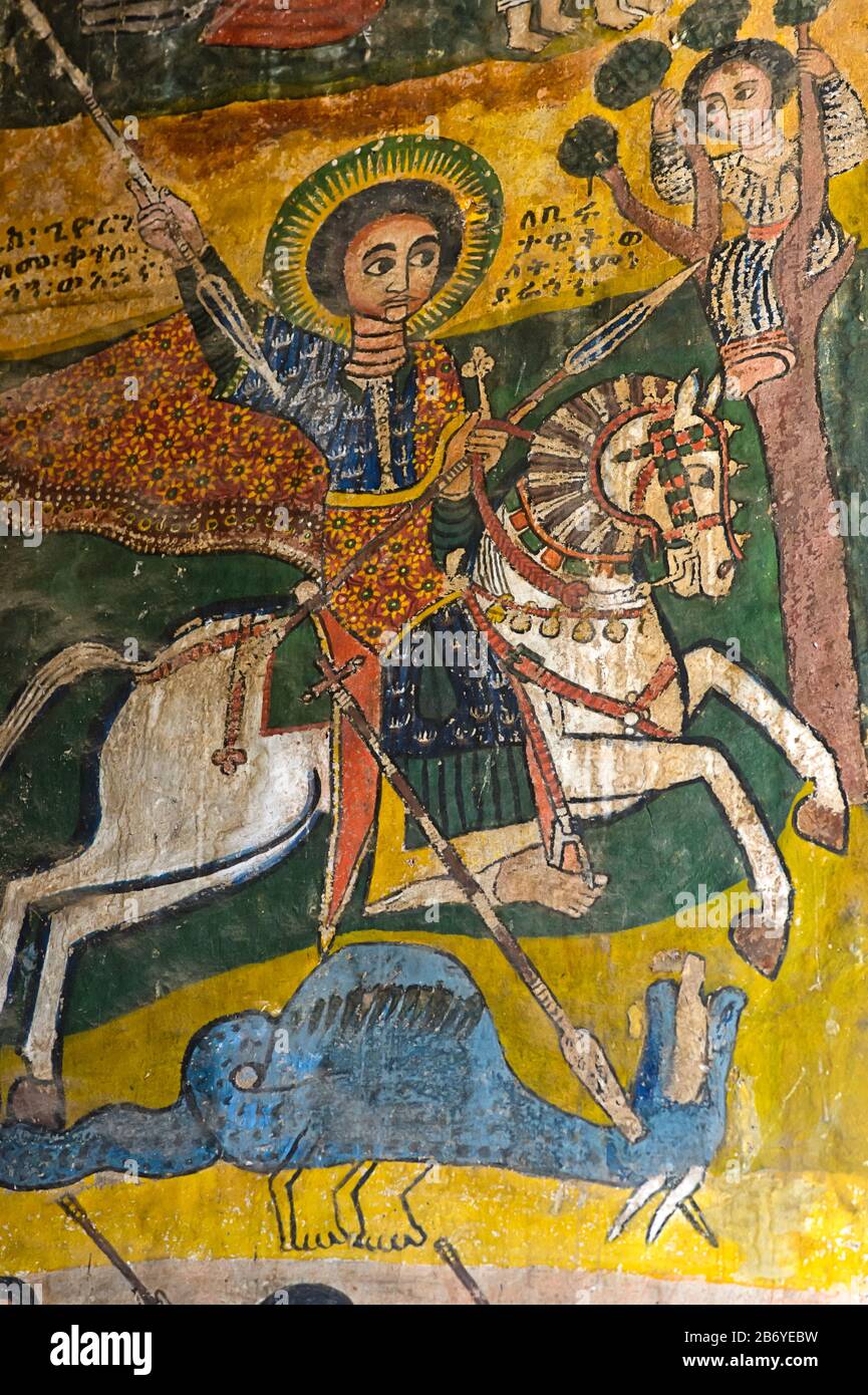 Der heilige Georg spuckt den Drachen und rettet Prinzessin Birutawit, Leinwandgemälde, Kirche Abraha wa Atsbaha, Region Ganherta, Tigray, Äthiopien Stockfoto