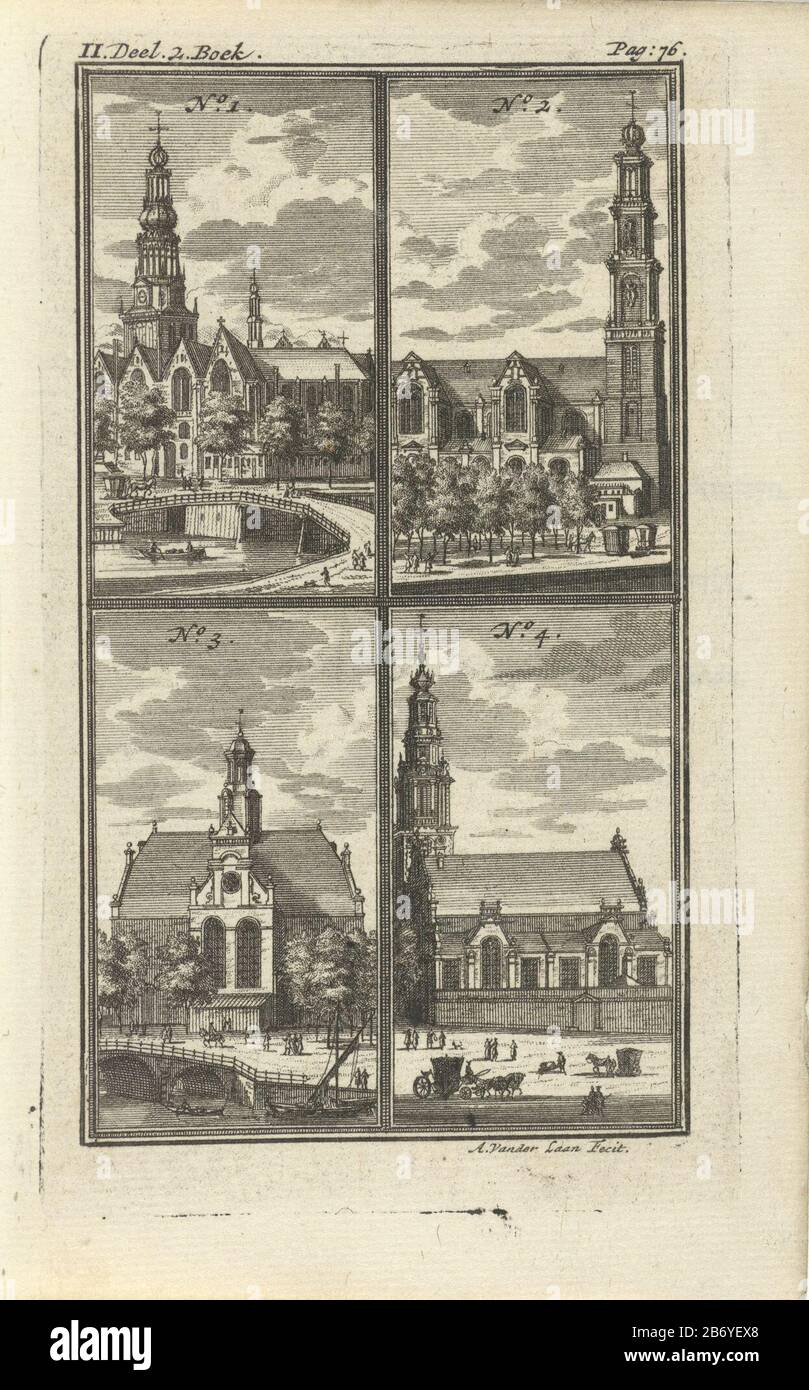 Kerken te Amsterdam Vier nummerierte Illustrationen von Kirchen in Amsterdam Oude Kerk, Westerkerk, Noorderkerk, Zuiderkerk . Die Kirchen sind das entsprechende Textblatt, das Memorandum zur Verfügung gestellt wurde. Drucken Sie links und rechts beschriftet: II Teil. 2. Buch - Pag: 76. Hersteller : Druckhersteller: Adolf van der Laan (auf Objekt angegeben) Datum: 1723 Physikalische Eigenschaften: Ätzmaterial: Papiertechnik: Ätzmaße: Plattenkante: H × 140 mm b 82 mmToelichtingIllustratie von: Leuve, Roeland of. S Waerelds Verkauf oder Schließung des Amstel Damme Gelehrtenstipendiums. Amsterdam: Jacobus Verheyden (I) 1723. Betrifft: Bürgerlichtbogen Stockfoto