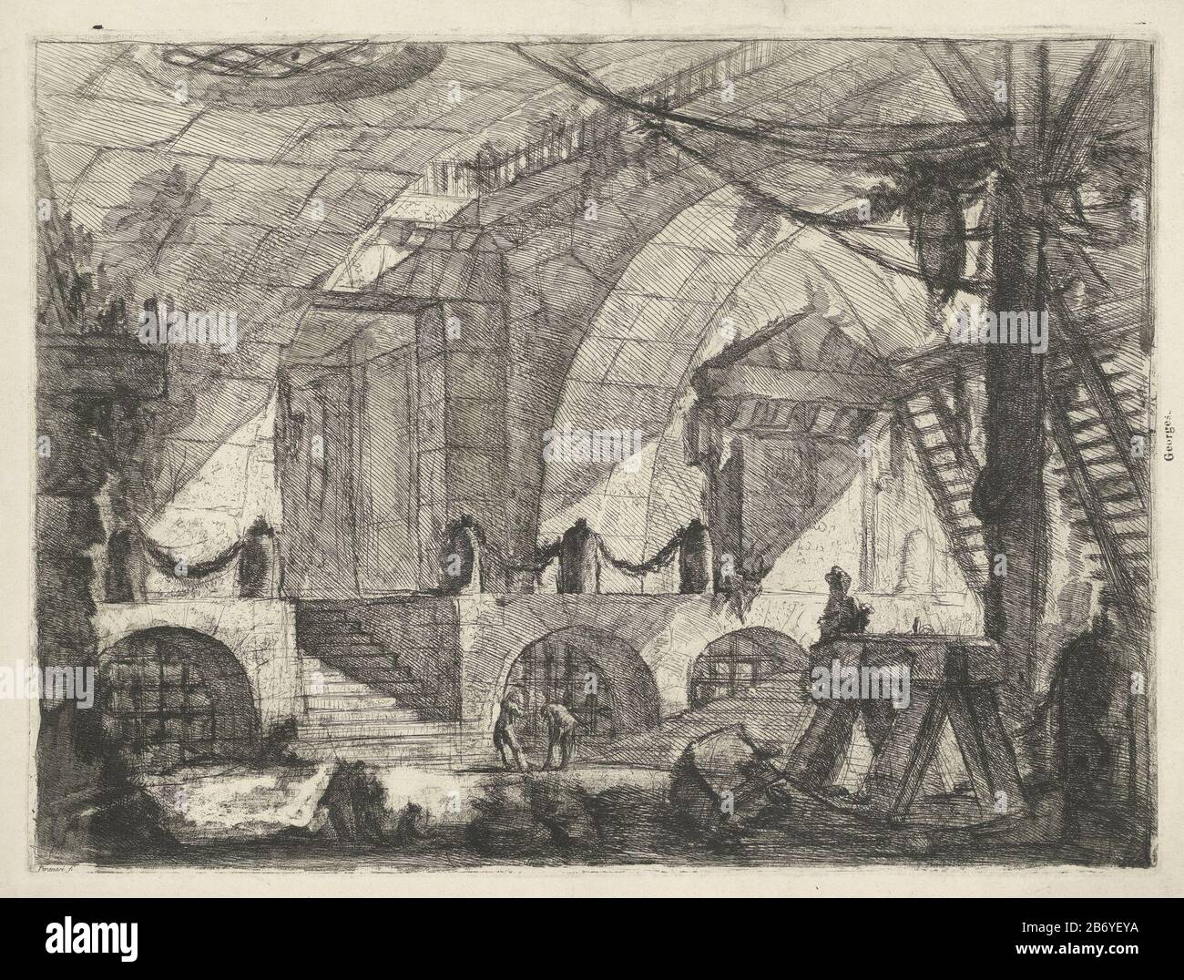 Kerker traf Zaagbok Kerkers (serietitel) Invenzioni Capric di Carceri alle Acqua Forte (serietitel) Gesicht in einem monumentalen Raum, einem Kerker, mit dem rechten Vordergrund ein Zaagbok. Hersteller : Druckerhersteller Giovanni Battista Piranesi (denkmalgeschütztes Gebäude) in seiner Gestaltung: Giovanni Battista Piranesiuitgever: Giovanni Bouchard Herstellung: ROM Datum: 1749 - 1750 Physikalische Eigenschaften: Radierung und Engra-Material: Papiertechnik: Radierung / Engra-Messungen (Druckverfahren): Plattenkante: H 412 mm × W 555 mmToelichtingDeze vor nt Teil der ersten Ausgabe der Serie Carceri' von Giovanni Battista Stockfoto