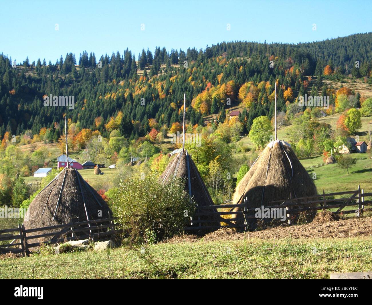 Haystacks in Herbstlandschaft Stockfoto
