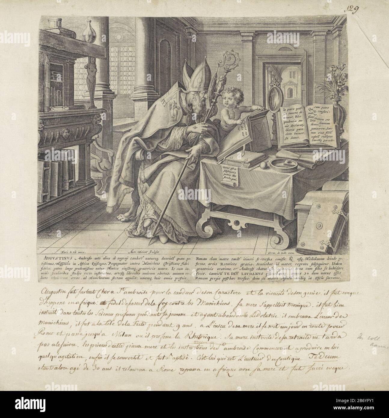 Kerkvader Augustinus van Hippo De vier kerkvaders (serietitel) Thesaurus sacrarum historiarum veteris testamentiti () (serietitel) Der H. Augustinus von Hippo befindet sich in seiner Studie an einem Tisch voller Bücher. Er trägt seinen Bischofsmantel. In seinen Händen hält er seine Mitarbeiter. Ein Putto hebt die Linien in einem geöffneten Buch geschlagen hervor. Im Rand einer tienregeligen Signatur, in zwei Spalten, im Latijn. Hersteller: Druckmaschine: Antonie Wer: Rix (II) (auf Objekt bezogen) auf ein Design von: Marten de vos (auf Objekt angegeben) Herausgeber: Gerard de Jode (auf Objekt aufgeführt) Ort Herstellung: Antwerpen Datum: 1585 Stockfoto