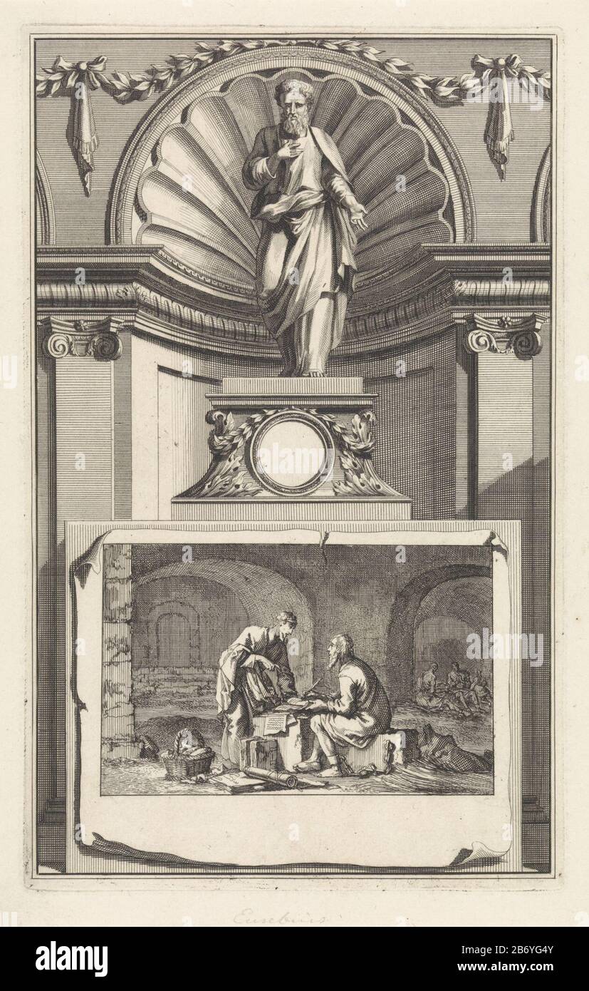 Kerkvader Eusebius van Caesarea, Kirchenvater Eusebius von Caesarea, steht auf einem Sockel. Auf der Vorderseite der Szene, Wo: In ihm von seinem Mentor Pamphilus von Caesarea im Gefängnis beschocht. Hersteller : Druckerhersteller Jan Luyken Druckautor: Zacharias Chatelain (II) zum Zeichnen: Jan Goeree Ort Herstellung: Amsterdam Datum: 1698 Physikalische Merkmale: Ätzung und Engraa; Proofing Material: Papiertechnik: Ätzung / Engras (Druckverfahren) Maße: Plattenkante: H 271 mm × W 170 mmToelichProbedruck Abbildung von: Cave, William. Apostolische Antiquitäten, oder Leben (...) von heyligen Aposteln drei Stockfoto