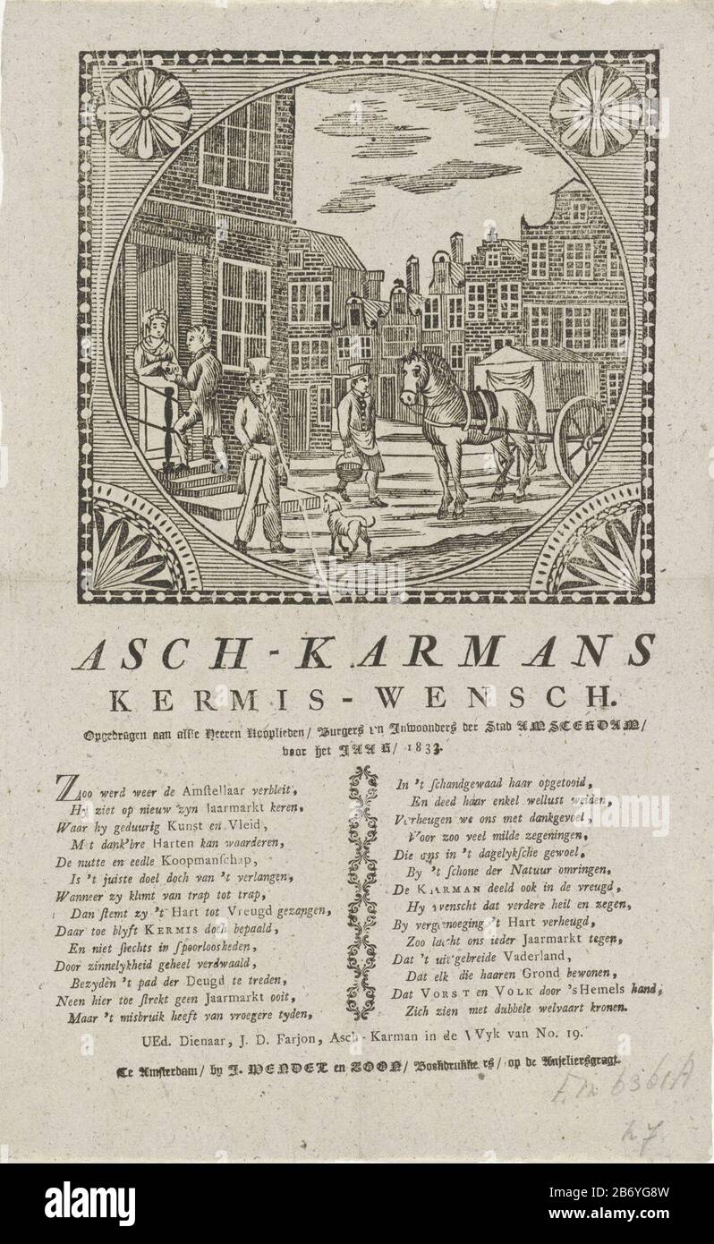 Kermisprent van de Amsterdamse askarrenmannen voor het jaar, 163 Asch-Karmans Kermis-Wensch, 163 (titel op object) fairer Druck für die Askarrenmannen (Karrenman oder Müll), Amsterdam für das Jahr 163. Ein Mann, der einen Eschenbecher in den Wagen bringt, während ein anderes Haus Geld holt, steht in einer Straße in Amsterdam gegenüber. Unten in einem Gedicht in zwei Spalten. Im Auftrag von J.D. Farjon der Askarreman des Distrikts Nr. 19. Hersteller:. Druckmaschine: Anonymer Druckerei-Hersteller J. Wendel und Son (Listed Property) Ort Herstellung: Amsterdam Datum: 1834 Physische Merkmale: Textdruck mit Darstellung in w Stockfoto