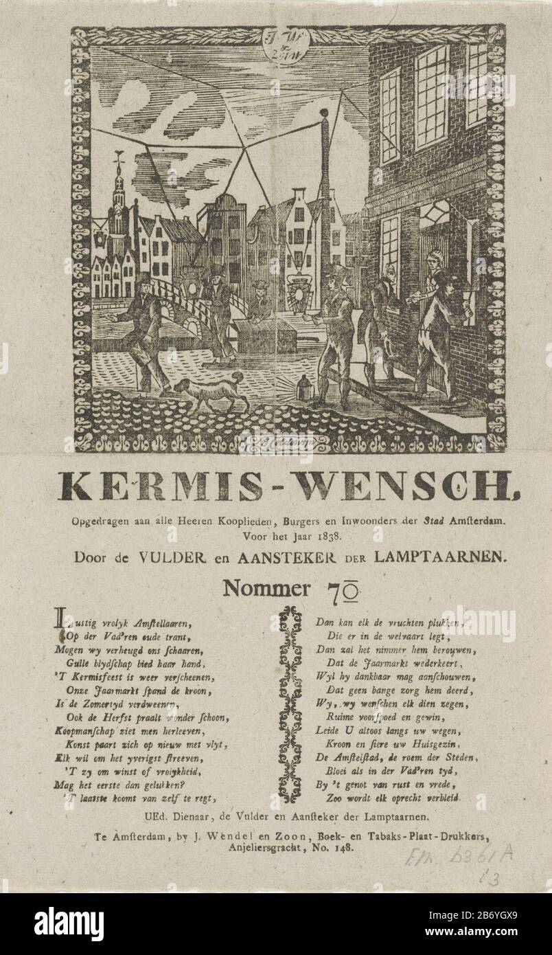 Kermisprent van de lantaarnopstekers van Amsterdam voor het jaar im Jahre 186 Kermis-wensch door de vulder en Aansteker der Lamptaarnen Nommer 70 (titel op object) fairer Druck von Amsterdam Laternengabeln und Füllmaschinen für das Jahr 1838. Gesicht in einer Straße in Amsterdam, Wo: Einige Männer versuchen, die Straßenbeleuchtung zu füllen und zu erstchen. Ein anderer Mann bekommt Geld in einem Haus. Mit zwei Spalten verbunden. Laternenkrug gabelt sich im Bezirk Nr. 70. Hersteller:. Druckerhersteller Jacob Cold Wine (denkmalgeschütztes Gebäude) Drucker J. Wendel und Son (denkmalgeschütztes Eigentum) Herstellung: Amsterdam Datum: 18328 Physische Merkmale: Text Stockfoto