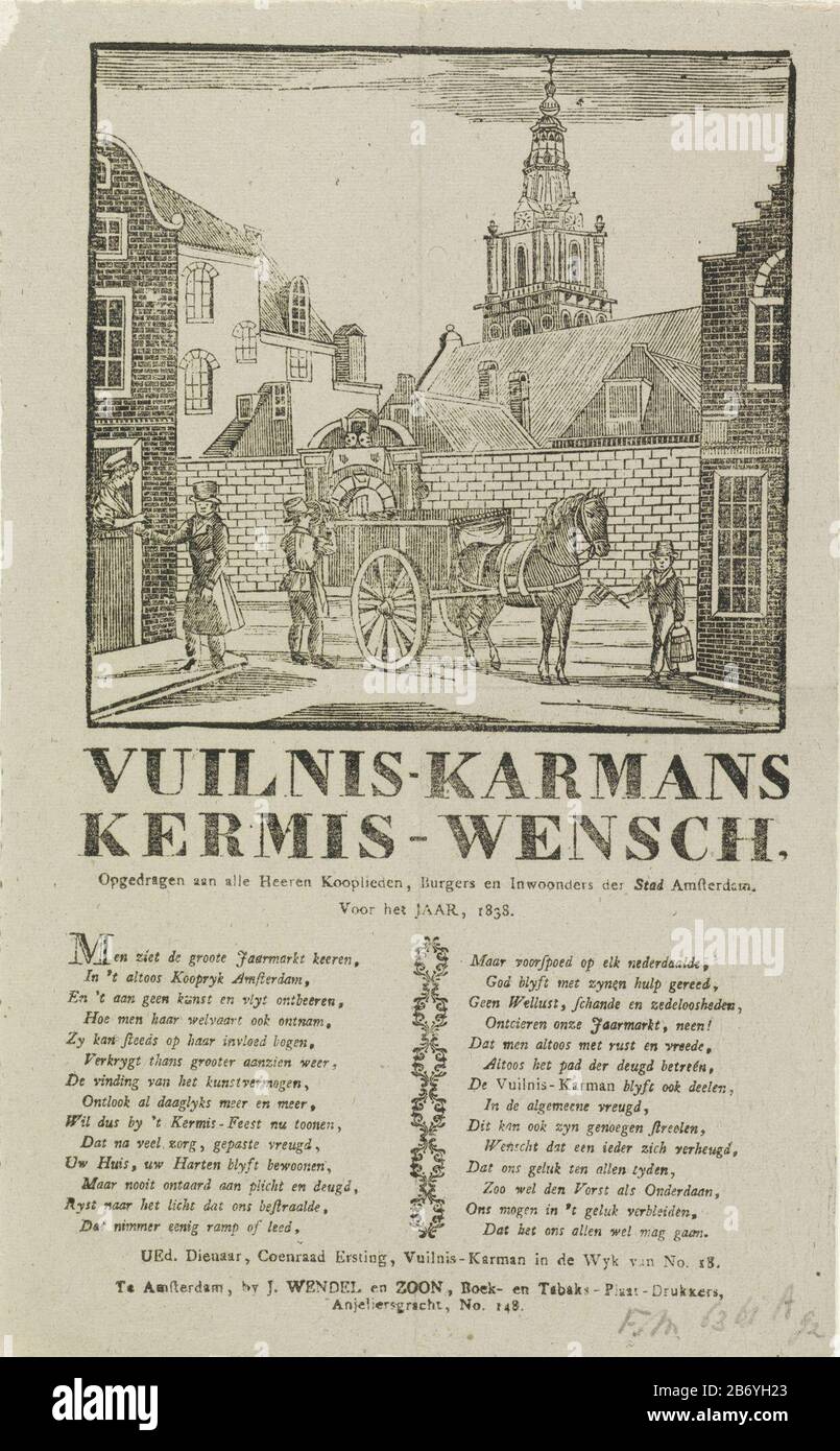 Kermisprent van de vuilnismannen van Amsterdam voor het jaar im Jahre 183219 Vuilnis-karmans kermis-wensch (titel op object) fairer Druck von Amsterdams Müll für das Jahr 18319. Gesicht an der St. Antoniesbreestraat und das Tor zum Zuiderkerkhof an der Südkirche in Amsterdam, wo ein Mann ein Müllkeipert in den Wagen und ein anderer Mann eine Ratsche nimmt. Ein anderer Mann hat Hausgeld. Mit zwei Spalten verbunden. Der Vuilniskarman im Bezirk Nr. 18: Coenraad Ersting. Hersteller : Druckereiunternehmen: Anonymer Busier J. Wendel und Son (börsennotiertes Objekt) Ort Herstellung: Amsterdam Datum: 1832g. Physische Merkmale Stockfoto